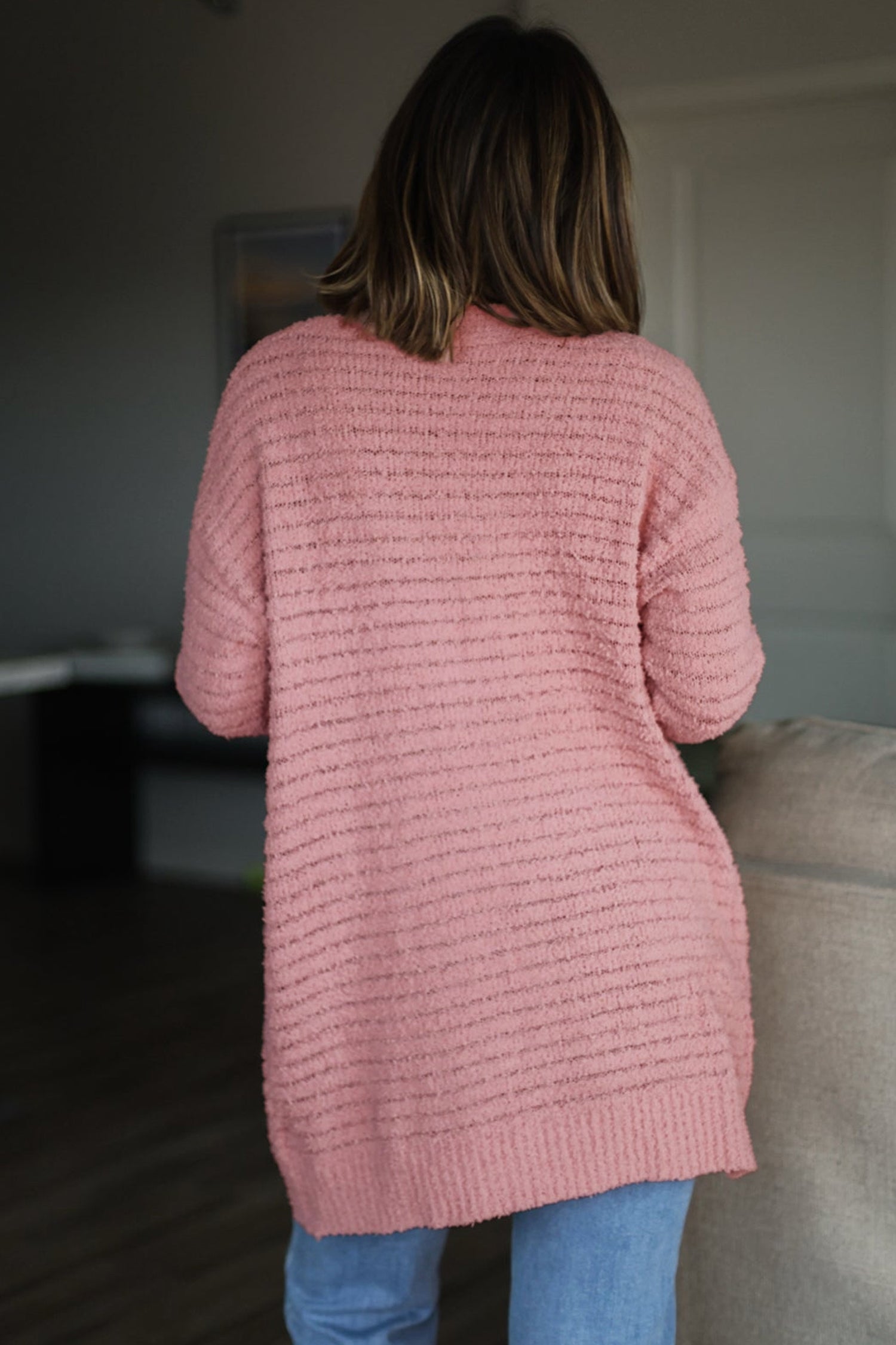 Light Pink Open Front Soft Fuzzy Ribbed Sweater Cardigan-Sweaters & Cardigans/Cardigans-[Adult]-[Female]-2022 Online Blue Zone Planet