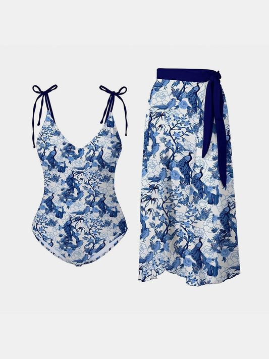 Blue Zone Planet |  Printed Tie Shoulder Swimwear and Skirt Swim Set BLUE ZONE PLANET