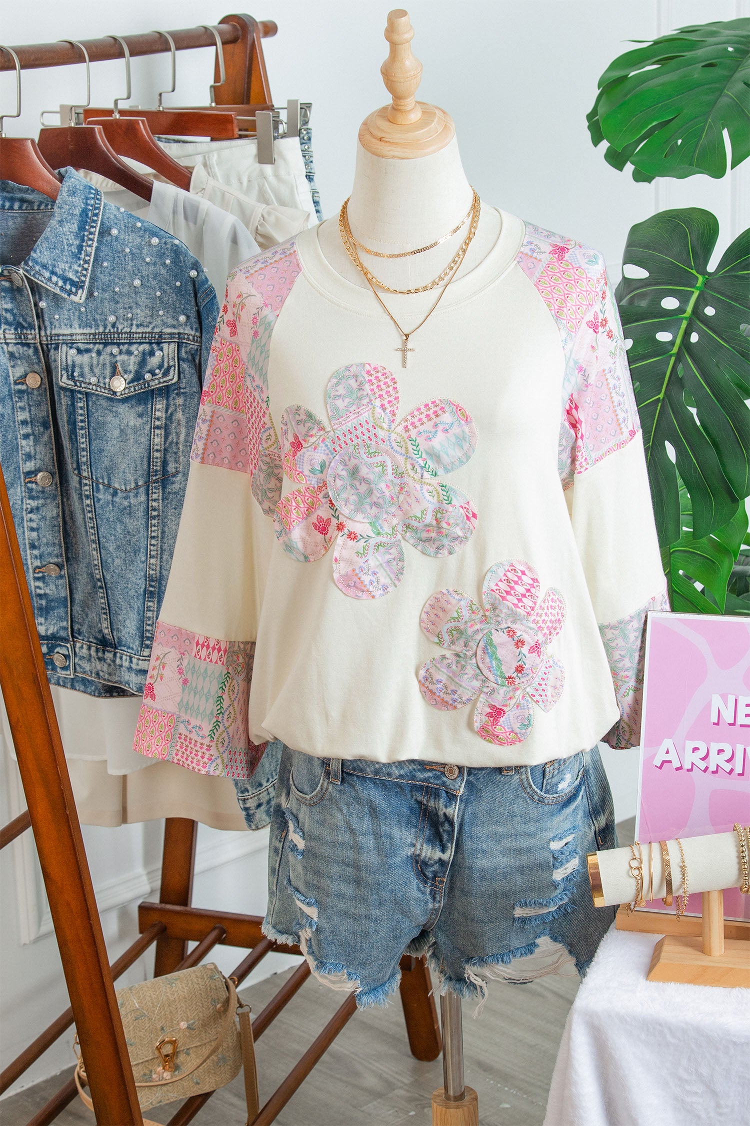 Beige Color Block Retro Floral Patchwork Long Sleeve Top-Tops/Long Sleeve Tops-[Adult]-[Female]-2022 Online Blue Zone Planet