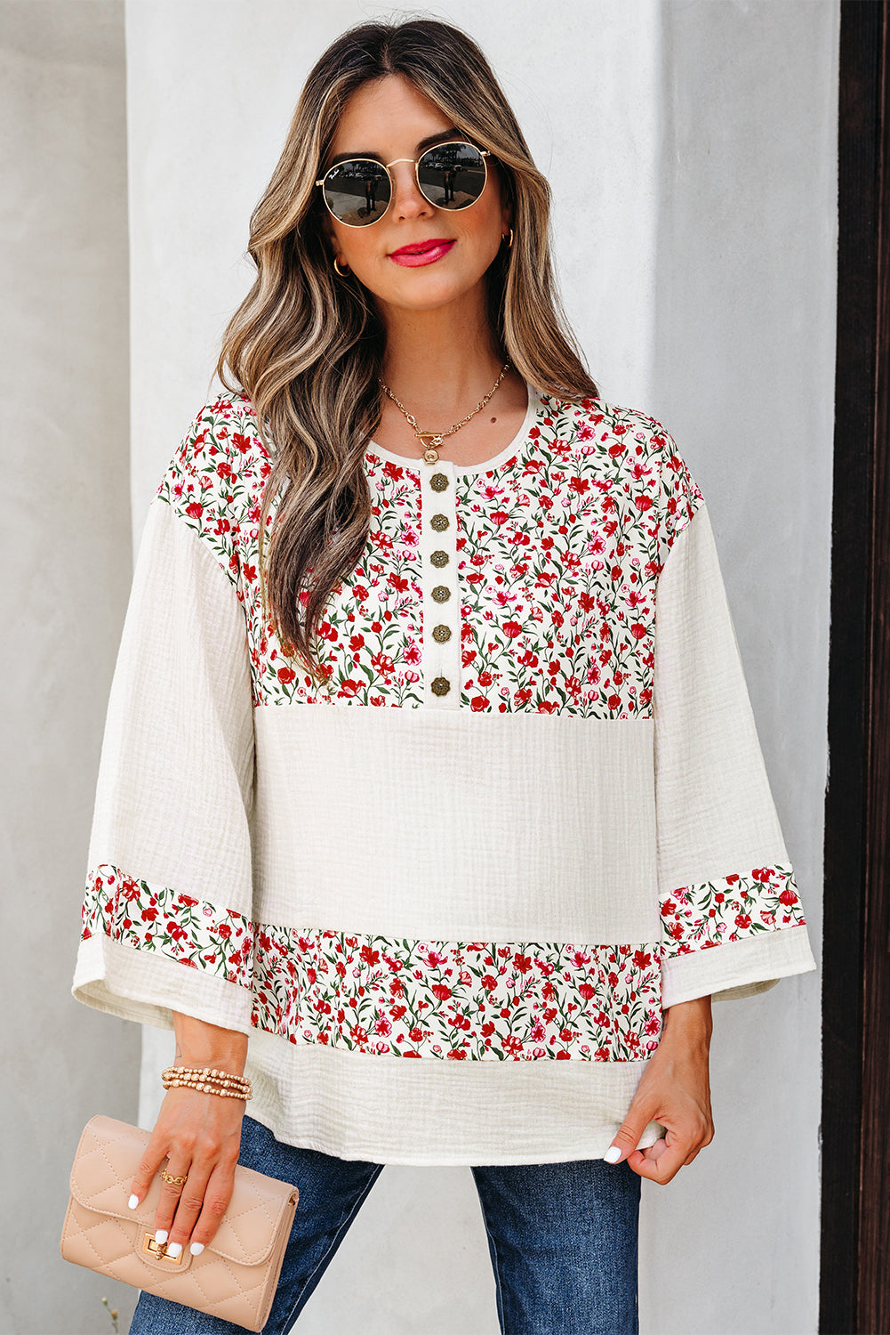 Red Floral Print Gauze Patchwork Henley Button 3/4 Sleeve Blouse-Tops/Blouses & Shirts-[Adult]-[Female]-2022 Online Blue Zone Planet