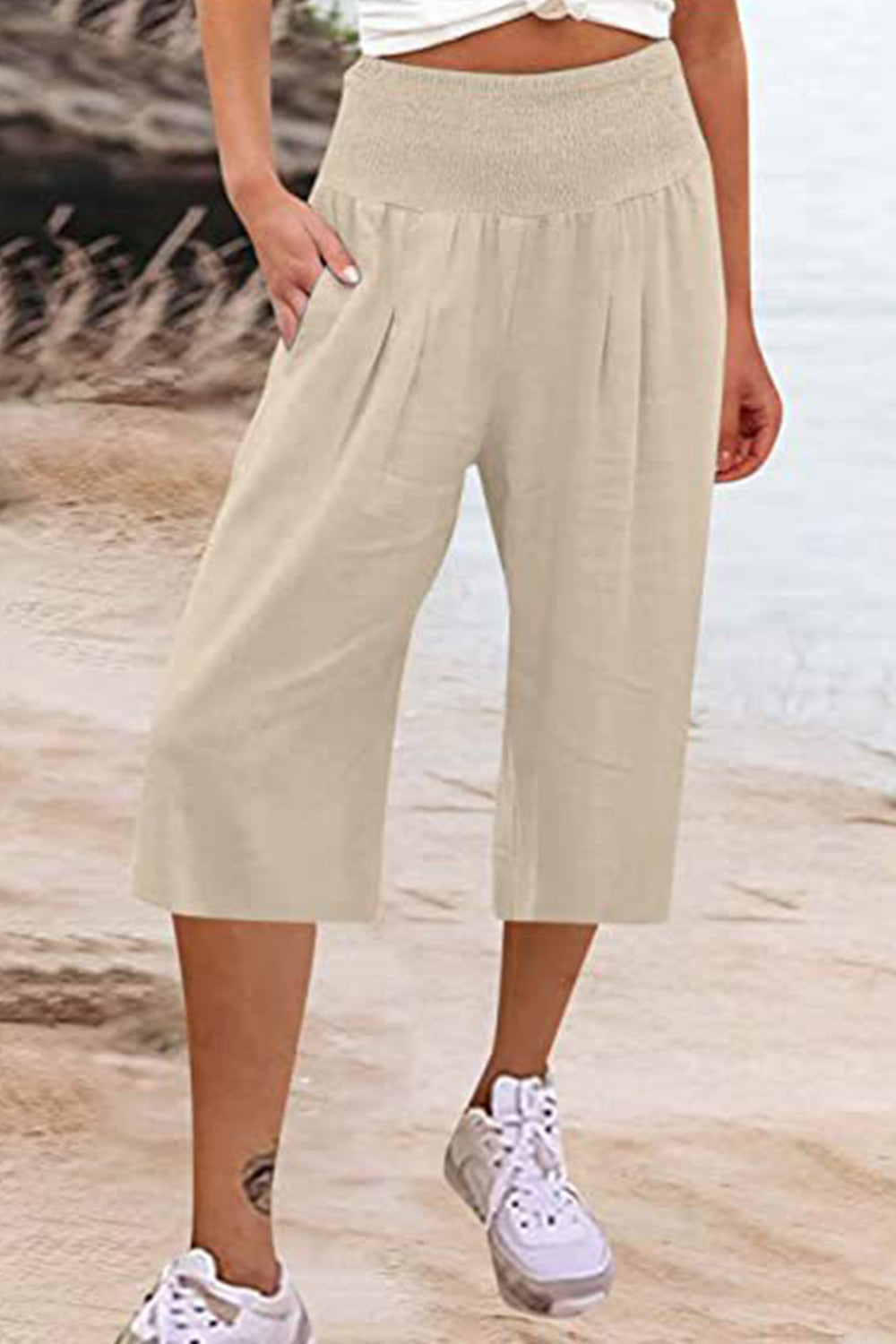 Pocketed High Waist Pants-BOTTOMS SIZES SMALL MEDIUM LARGE-[Adult]-[Female]-Tan-S-2022 Online Blue Zone Planet