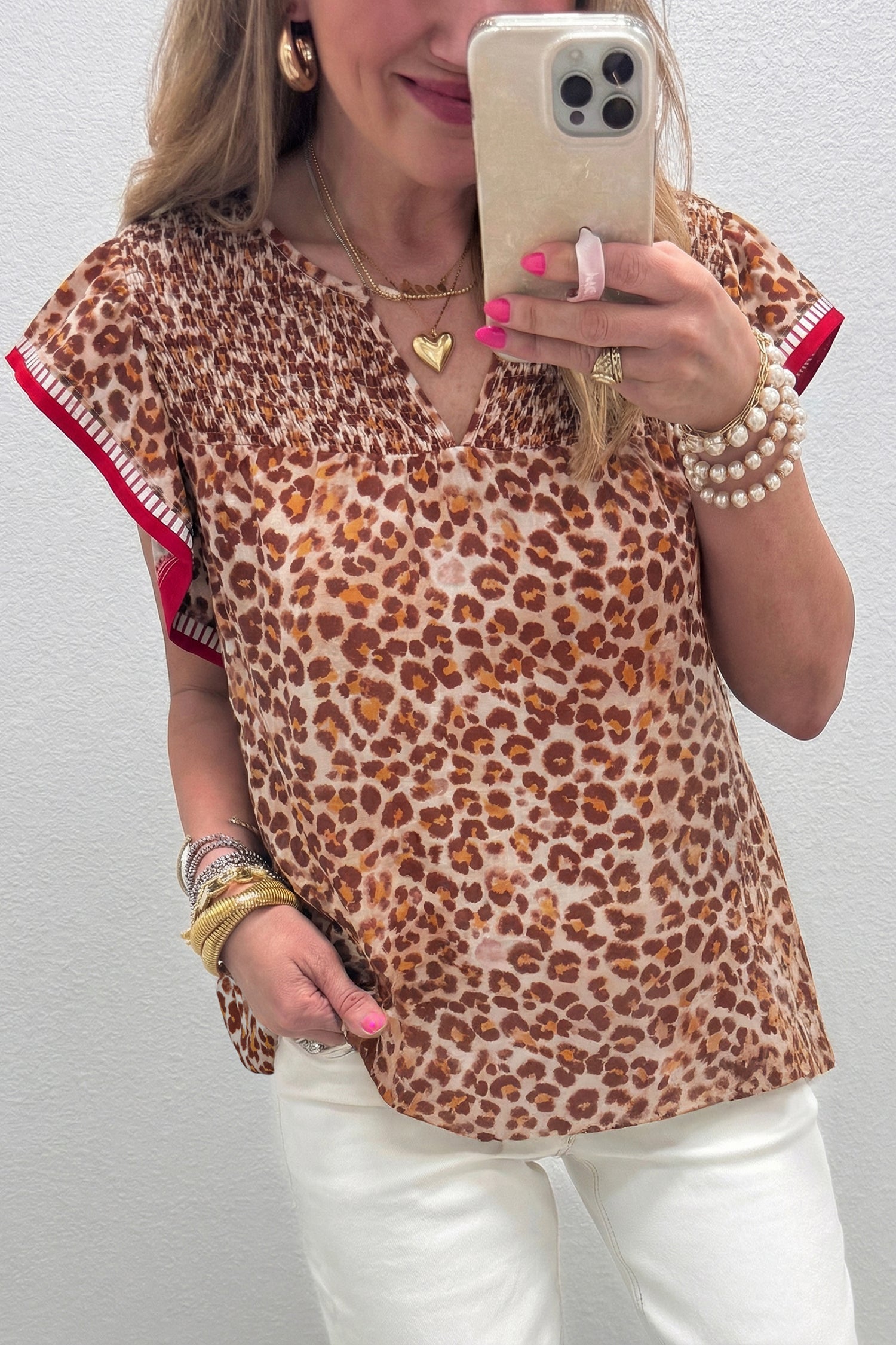 Apricot Contrast Trim Ruffled Short Sleeve Leopard Blouse-Tops/Blouses & Shirts-[Adult]-[Female]-2022 Online Blue Zone Planet