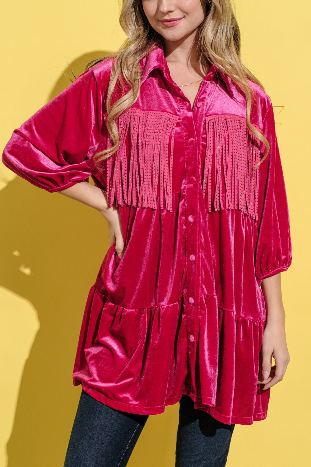 And The Why Fringe Detailed Velvet Shirt Dress-TOPS / DRESSES-[Adult]-[Female]-2022 Online Blue Zone Planet