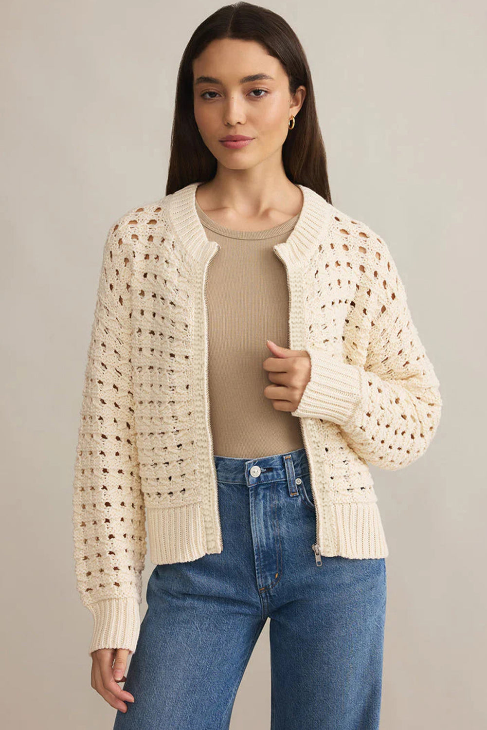 Beige Hollowed Pattern Knit Zip Up Drop Shoulder Sweater Cardigan-TOPS / DRESSES-[Adult]-[Female]-2022 Online Blue Zone Planet