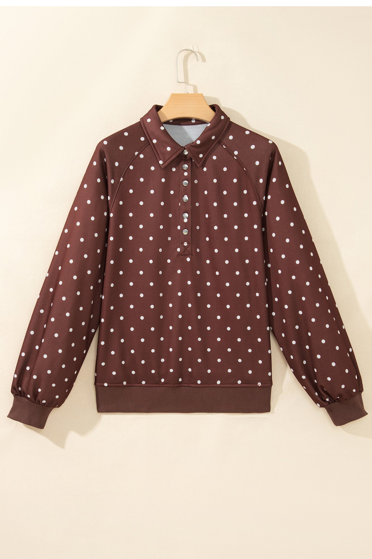 Pink Polka Dot Print Metal Button Collar Casual Pullover Sweatshirt-Tops/Sweatshirts & Hoodies-[Adult]-[Female]-2022 Online Blue Zone Planet