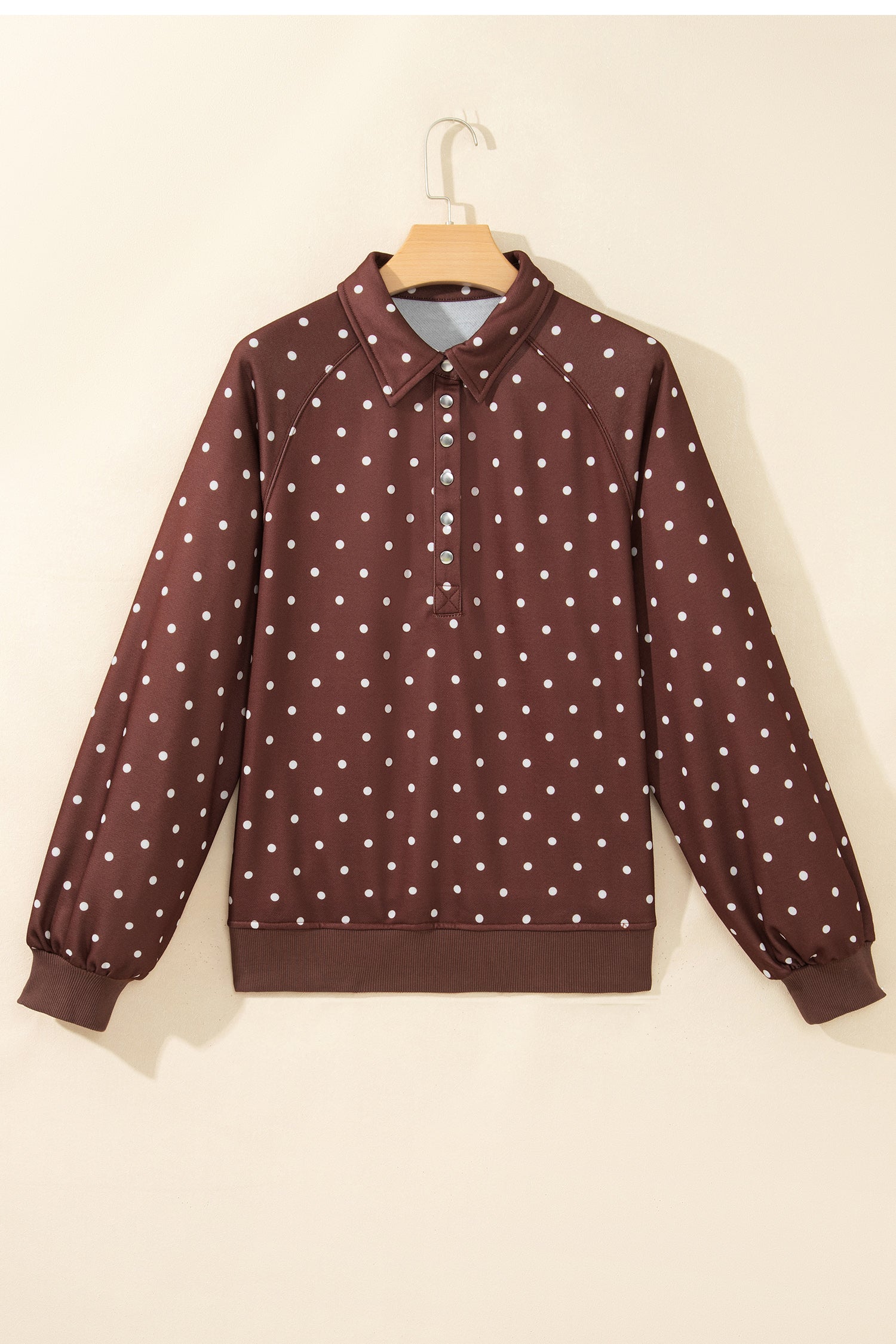 Pink Polka Dot Print Metal Button Collar Casual Pullover Sweatshirt-Tops/Sweatshirts & Hoodies-[Adult]-[Female]-2022 Online Blue Zone Planet
