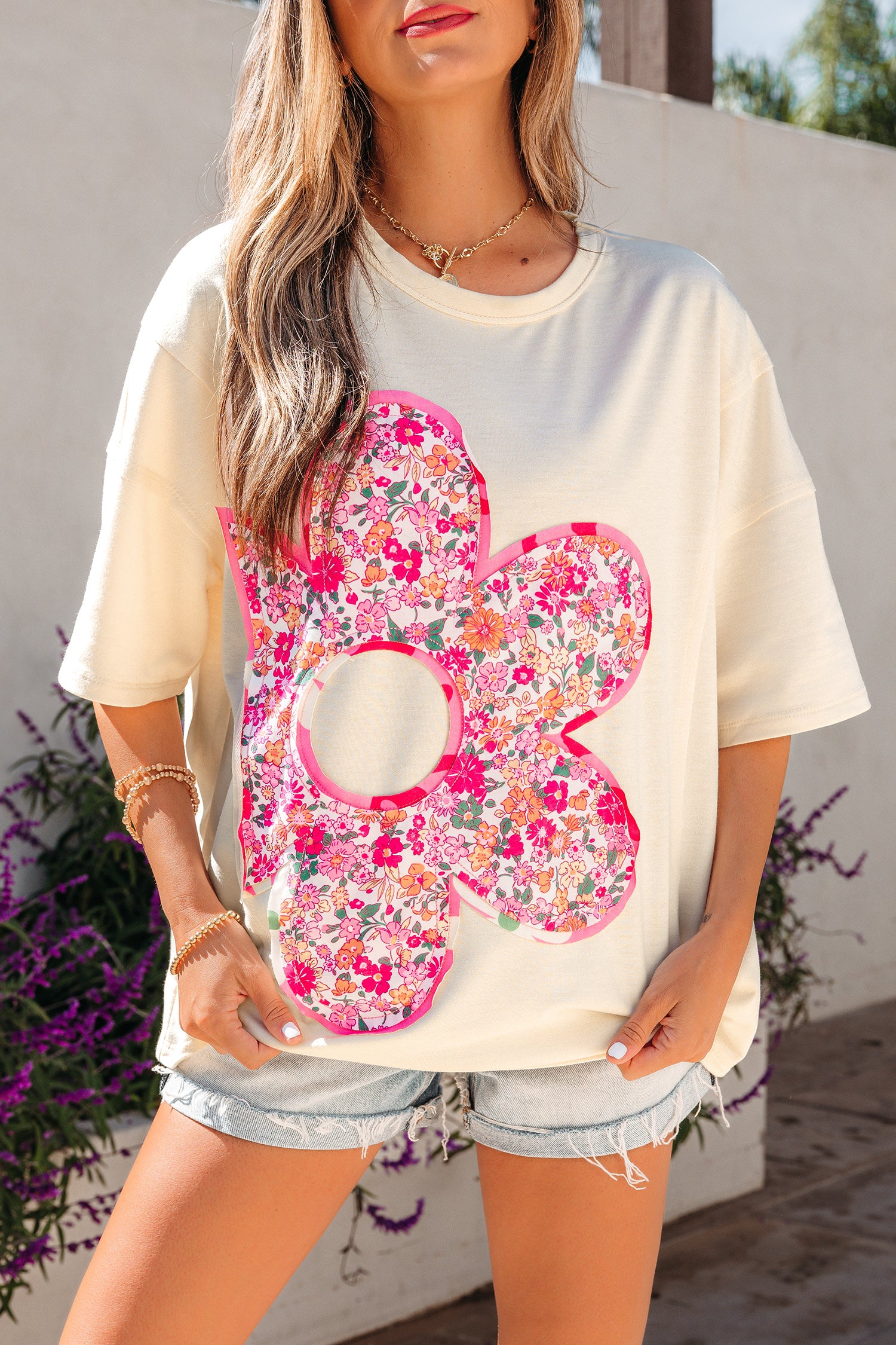 Jet Stream Floral Patched Raw Seam Big Flower Oversize Tee-Tops/Tops & Tees-[Adult]-[Female]-2022 Online Blue Zone Planet