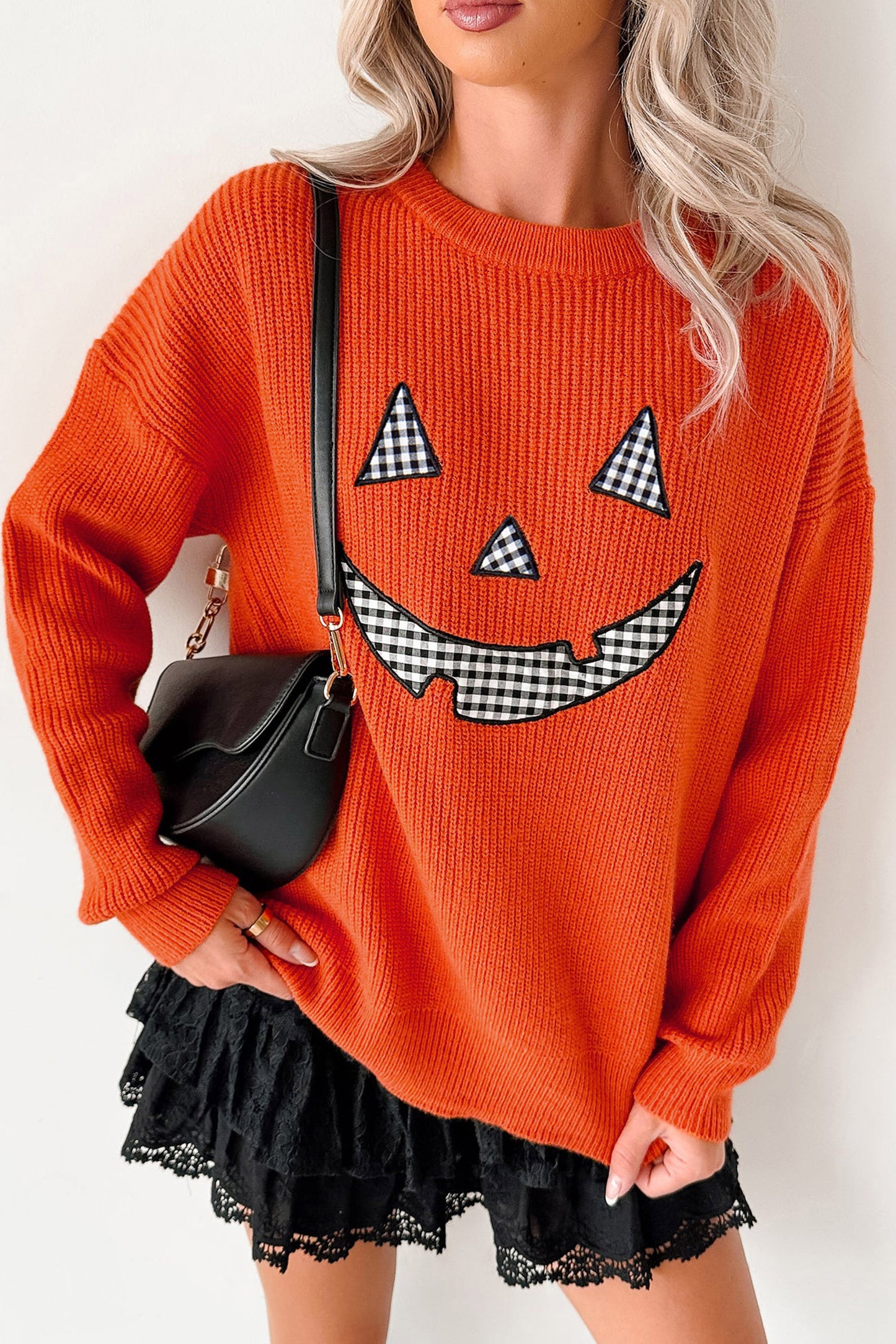 Orange Drop Shoulder Long Sleeve Round Neck Halloween Sweater-Sweaters & Cardigans/Sweaters-[Adult]-[Female]-2022 Online Blue Zone Planet