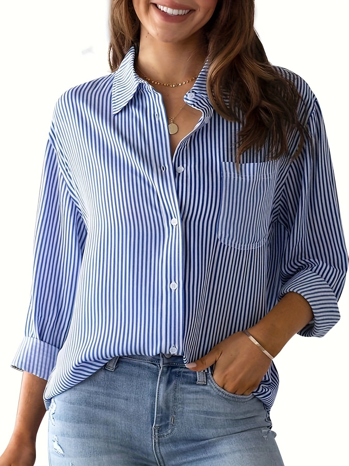 Striped Collared Neck Long Sleeve Shirt-TOPS / DRESSES-[Adult]-[Female]-2022 Online Blue Zone Planet