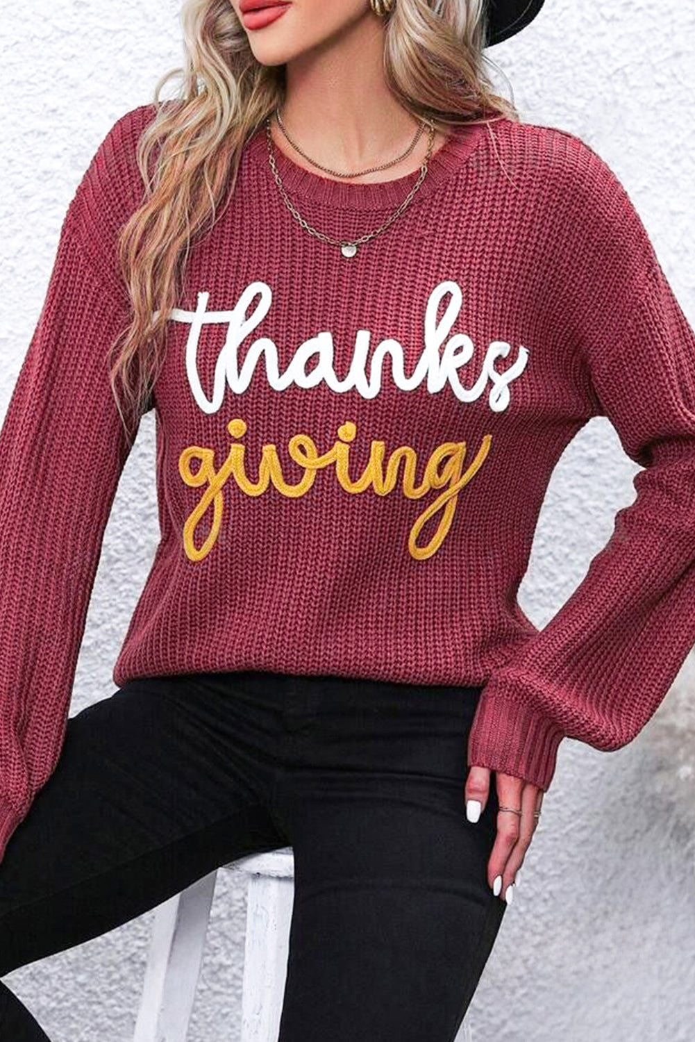 Blue Zone Planet | Red Sandalwood Thanks Giving Letter Graphic Crew Neck Sweater-Sweaters & Cardigans/Sweaters-[Adult]-[Female]-Red Sandalwood-S-2022 Online Blue Zone Planet