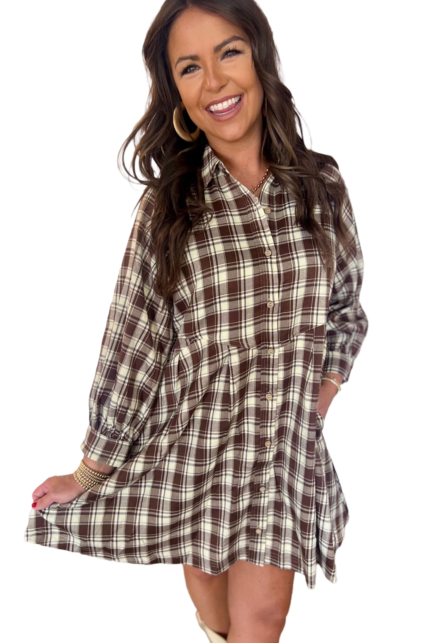 Brown Plaid Long Sleeve Short Shift Mini Dress-TOPS / DRESSES-[Adult]-[Female]-2022 Online Blue Zone Planet