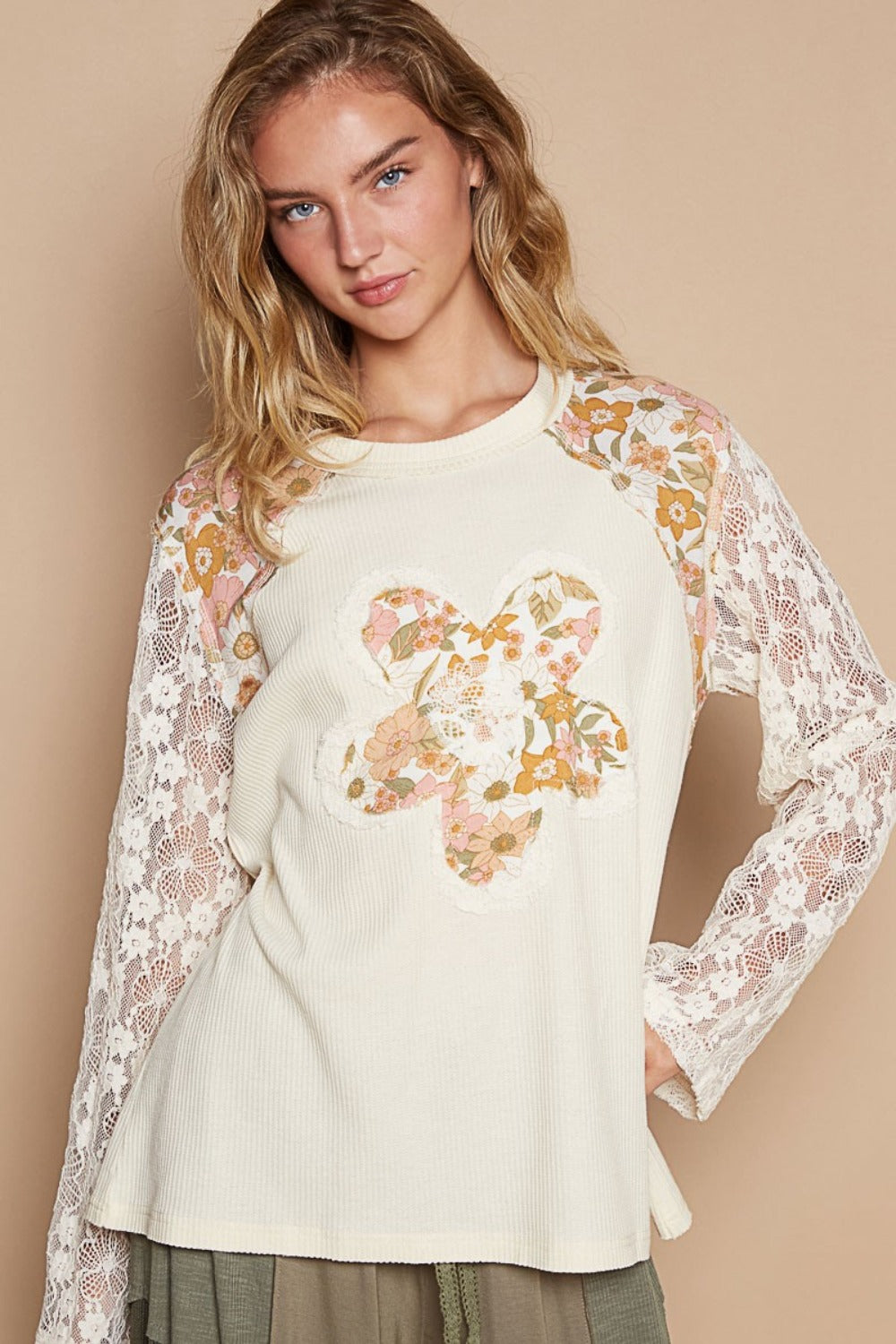 POL Flower Patch Lace Sleeve Knit Top-TOPS / DRESSES-[Adult]-[Female]-Cream-S-2022 Online Blue Zone Planet