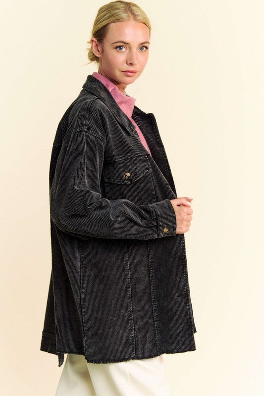 Davi & Dani Washed Corduroy Raw Hem Button Up Jacket-TOPS / DRESSES-[Adult]-[Female]-2022 Online Blue Zone Planet