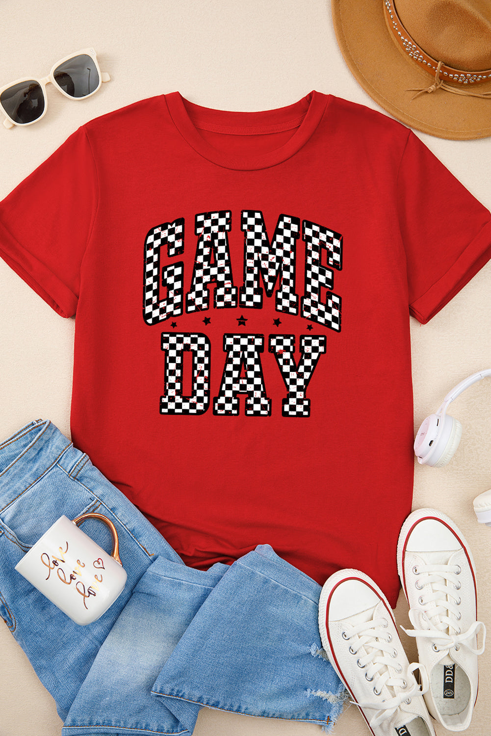 Red Checkered Game Day Graphic T Shirt-Graphic/Graphic Tees-[Adult]-[Female]-2022 Online Blue Zone Planet