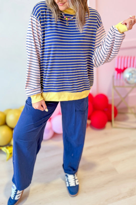 Blue Stripe Contrast Long Sleeve Crew Neck Pullover Top-Tops/Long Sleeve Tops-[Adult]-[Female]-2022 Online Blue Zone Planet