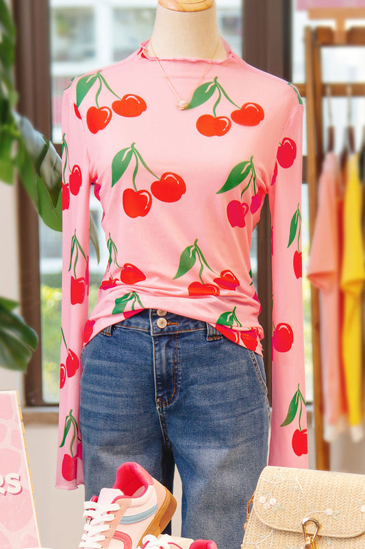 Pink Cherry Print Lettuce Trim Long Sleeve Mesh Top