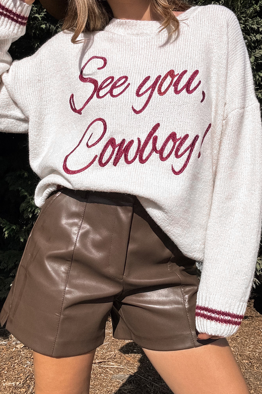 White See You Cowboy Embroidered Western Graphic Sweater-Sweaters & Cardigans/Sweaters-[Adult]-[Female]-White-S-2022 Online Blue Zone Planet