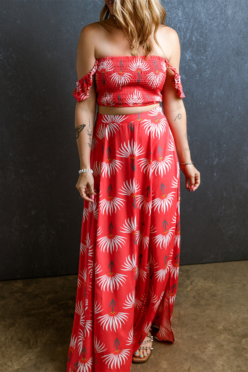 Red Floral Shirred Off Shoulder Crop Top and Slit Maxi Skirt Set-Two Piece Sets/Two Piece Dresses-[Adult]-[Female]-2022 Online Blue Zone Planet