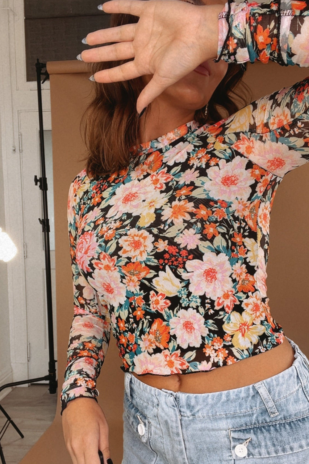 Orange Floral Mesh Slim Long Sleeve Crop Top-Tops/Crop Tops-[Adult]-[Female]-2022 Online Blue Zone Planet