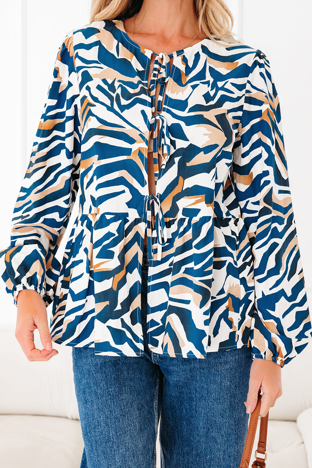 Blue Zebra Print Tied Front Puff Sleeve Top-Tops/Blouses & Shirts-[Adult]-[Female]-2022 Online Blue Zone Planet