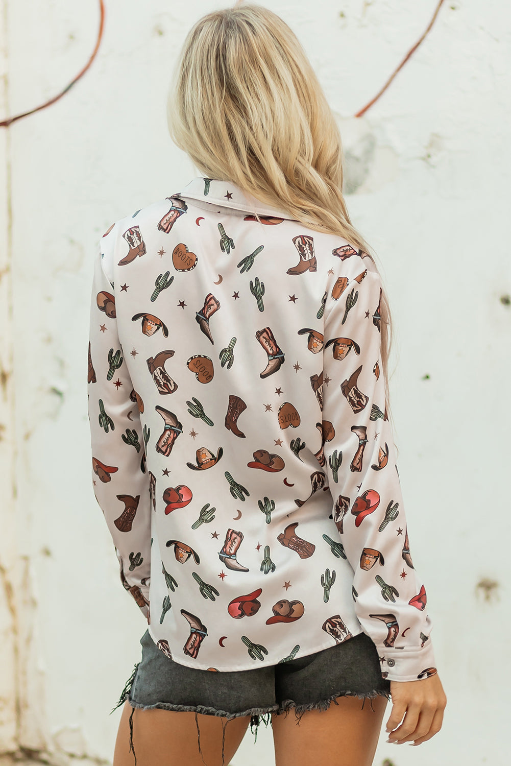 White Western Fashion Print Button Up Casual Shirt-Tops/Blouses & Shirts-[Adult]-[Female]-2022 Online Blue Zone Planet