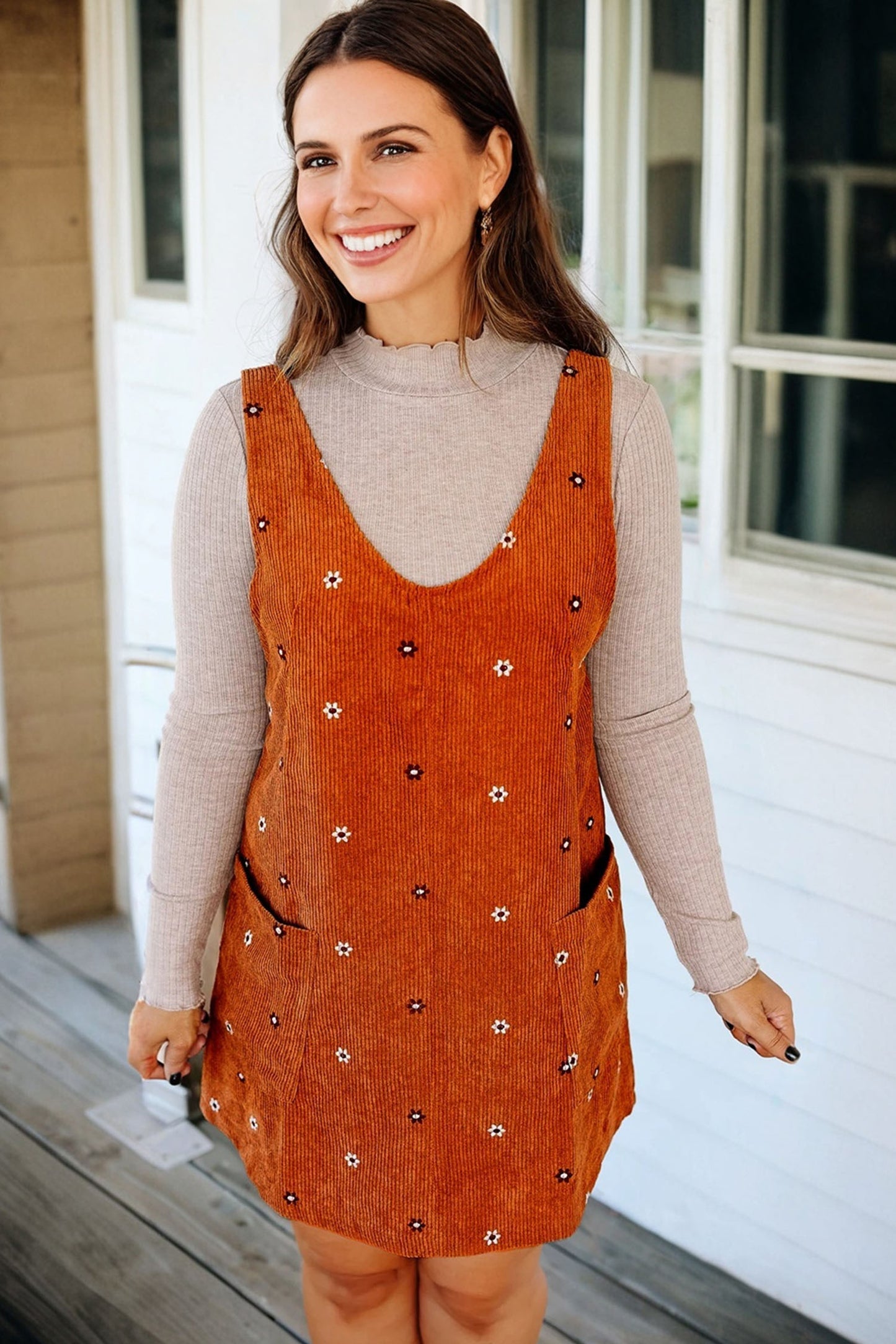 Gold Flame Flower Embroidered Corduroy Overall Mini Dress-TOPS / DRESSES-[Adult]-[Female]-2022 Online Blue Zone Planet