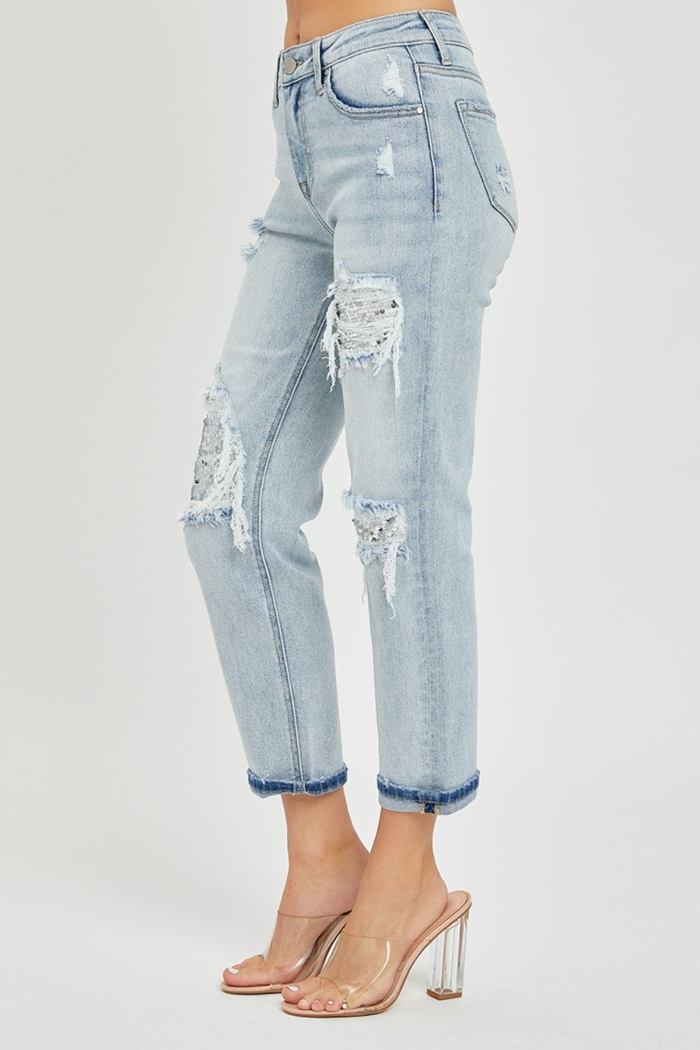 Blue Zone Planet | RISEN Mid-Rise Sequin Patched Jeans-TOPS / DRESSES-[Adult]-[Female]-2022 Online Blue Zone Planet