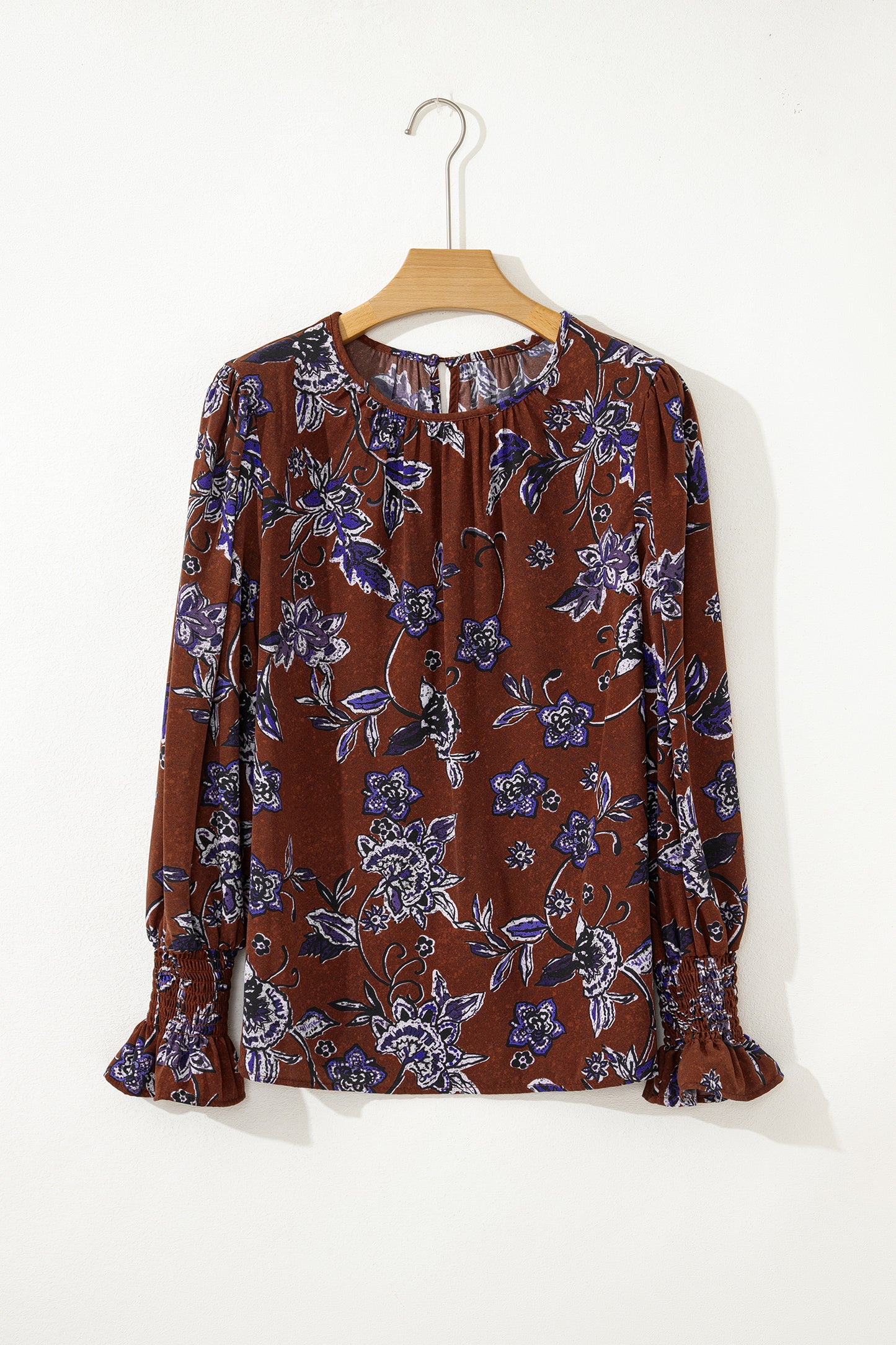 Brown Autumn Floral Print Smocked Cuffs Shift Blouse-Tops/Blouses & Shirts-[Adult]-[Female]-2022 Online Blue Zone Planet