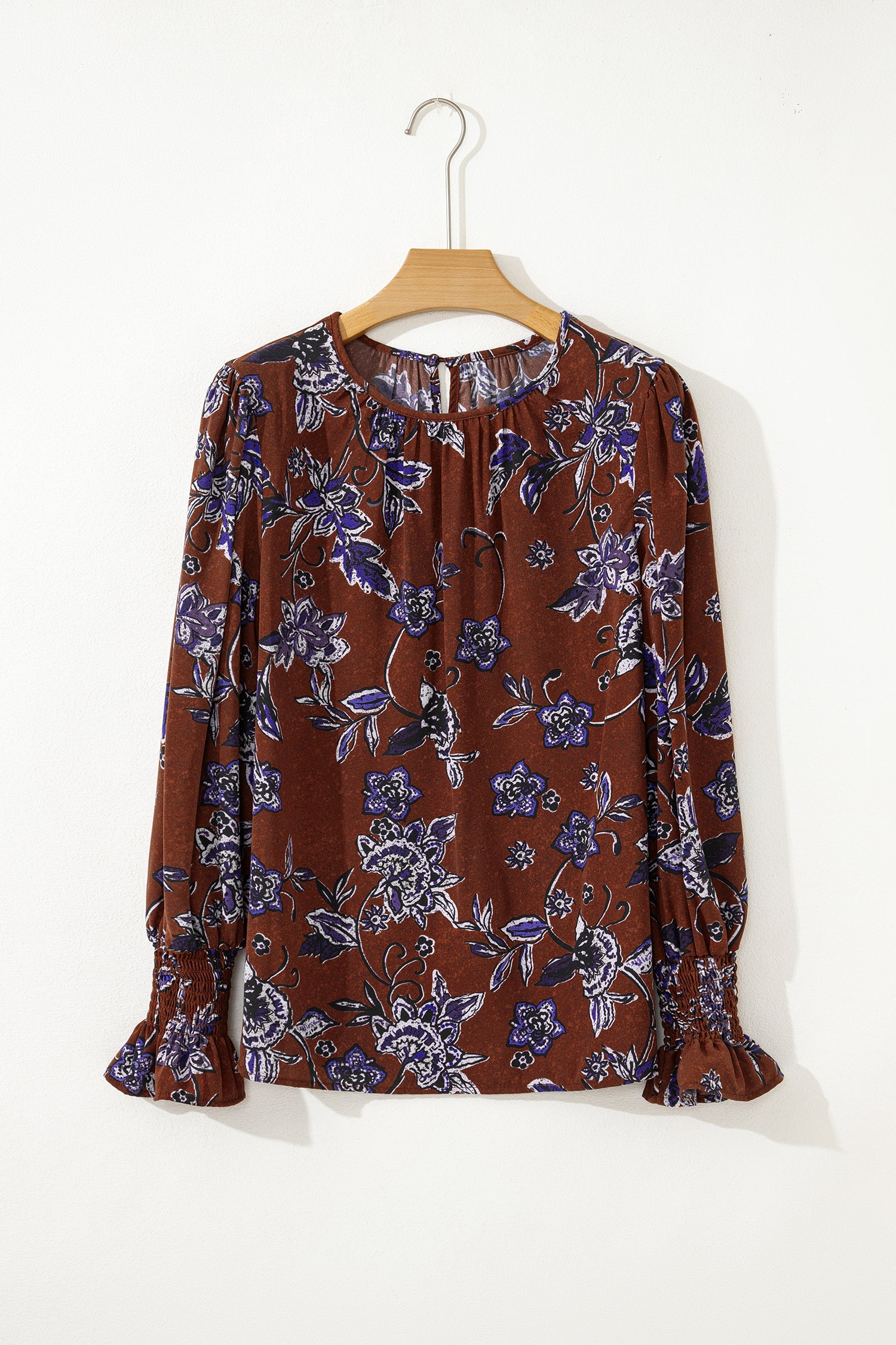 Brown Autumn Floral Print Smocked Cuffs Shift Blouse-Tops/Blouses & Shirts-[Adult]-[Female]-2022 Online Blue Zone Planet