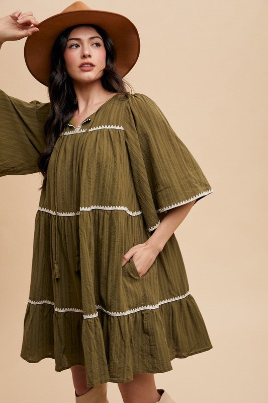 Annie Wear Tassel Contrast Trim Tie Neck Half Sleeve Tiered Dress-TOPS / DRESSES-[Adult]-[Female]-2022 Online Blue Zone Planet