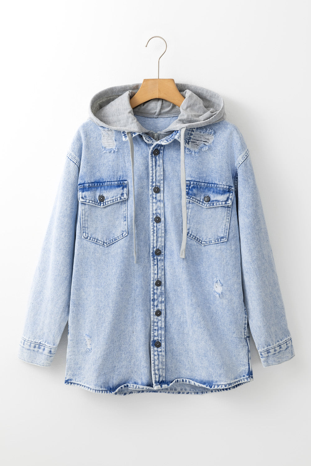 Blue Zone Planet | Mist Blue Oversized Contrast Hooded Denim Jacket-Outerwear/Denim jackets-[Adult]-[Female]-2022 Online Blue Zone Planet