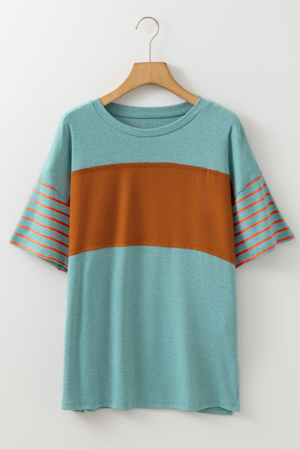 Mint Green Color Block Striped Detail Loose T Shirt-Tops/Tops & Tees-[Adult]-[Female]-2022 Online Blue Zone Planet
