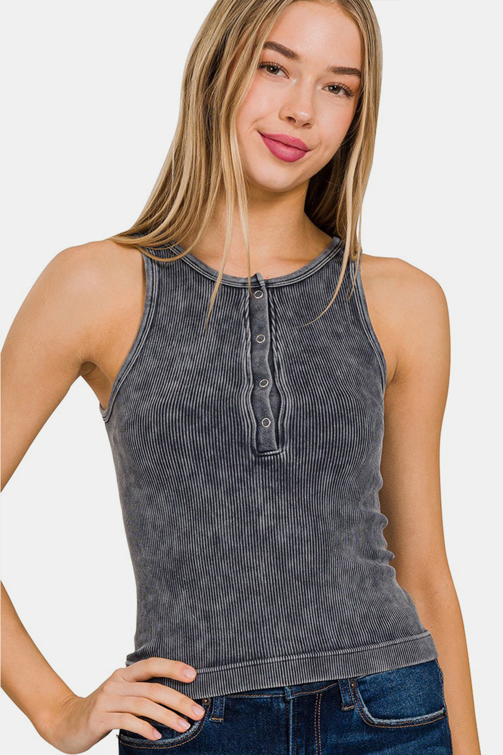 Zenana Washed Ribbed Half Snap Seamless Tank-TOPS / DRESSES-[Adult]-[Female]-Ash Black-S/M-2022 Online Blue Zone Planet