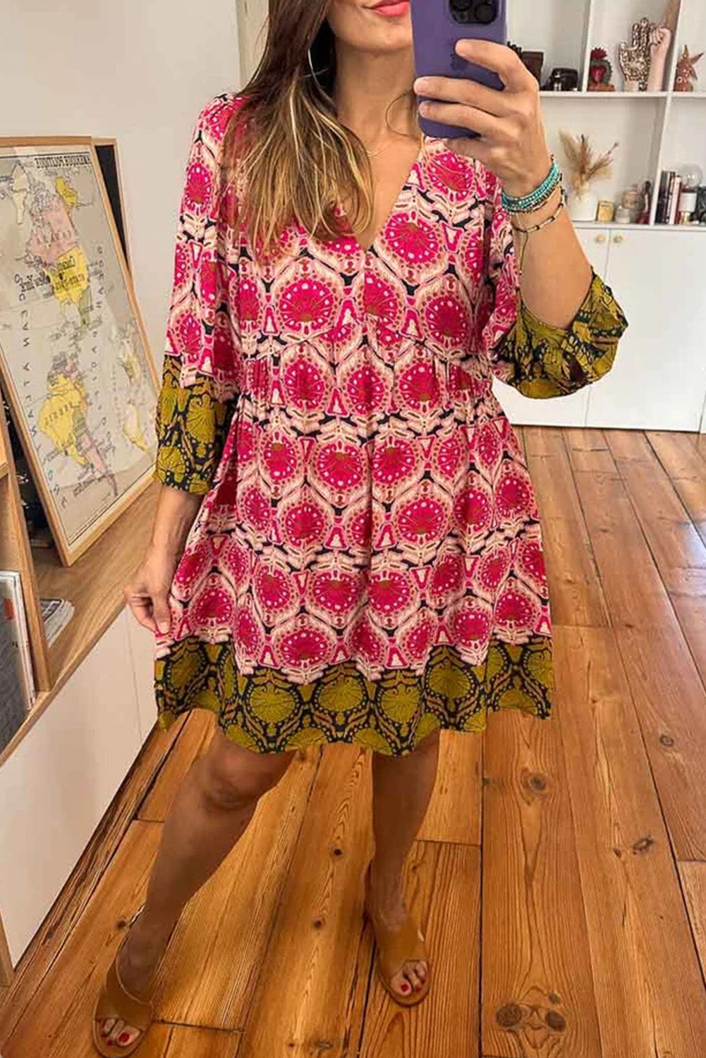 Strawberry Pink Retro Printed V Neck Bracelet Sleeve Dress-TOPS / DRESSES-[Adult]-[Female]-2022 Online Blue Zone Planet