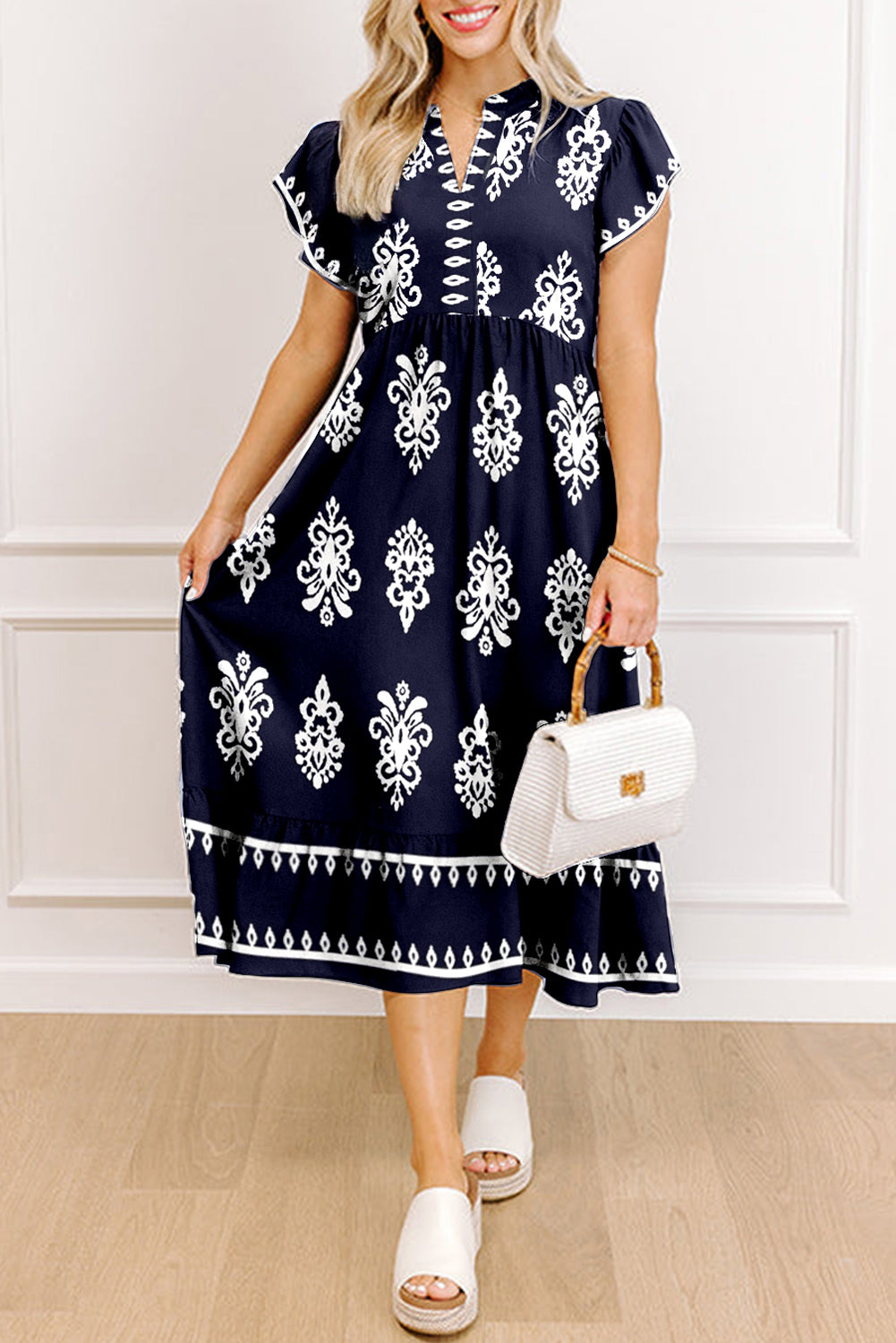 Blue Western Ethnic Print Notched Neck Short Sleeve Midi Dress-TOPS / DRESSES-[Adult]-[Female]-2022 Online Blue Zone Planet