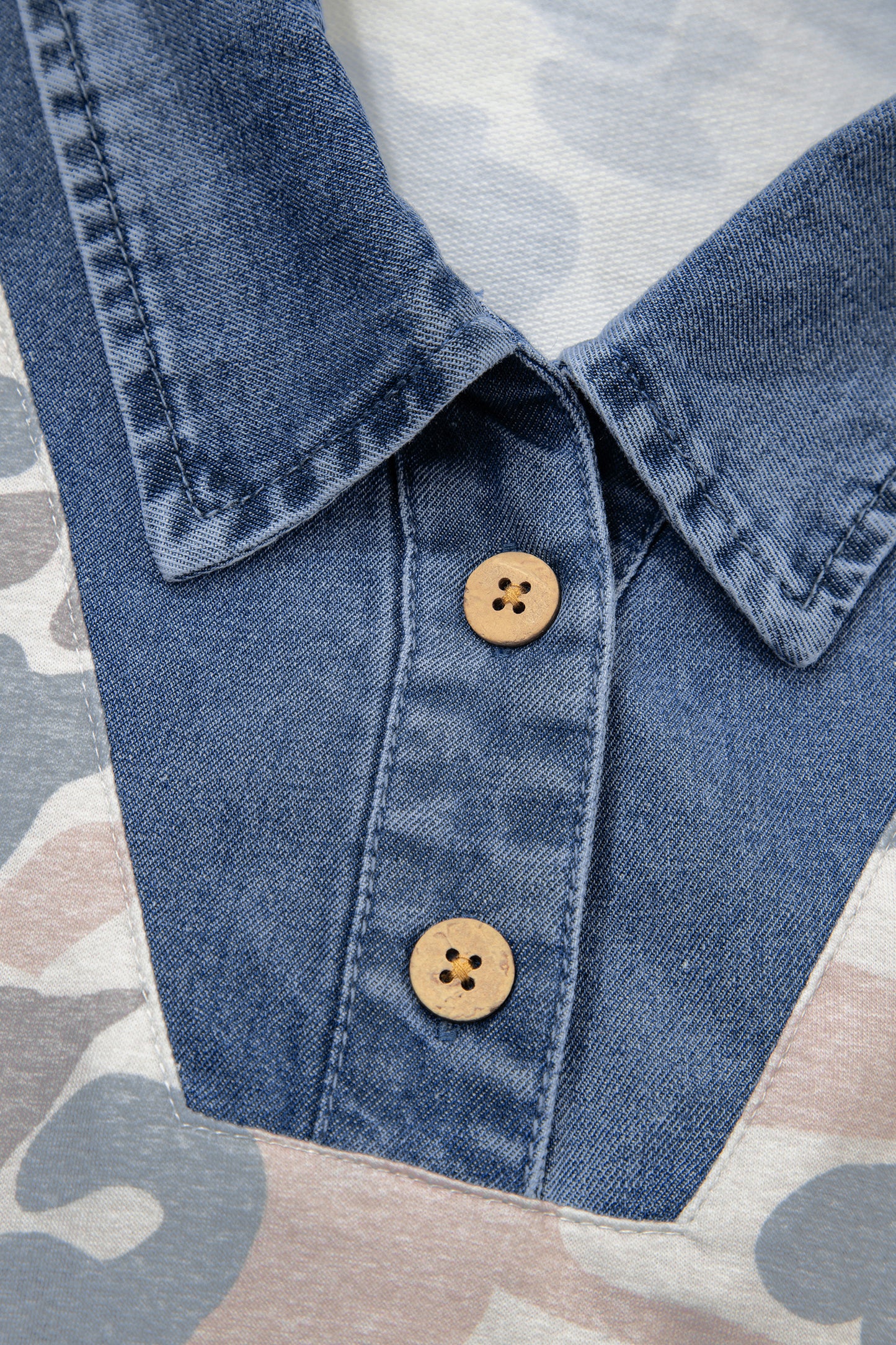 Multicolour Camouflage Print Denim Patchwork Polo Collar Tee-Tops/Tops & Tees-[Adult]-[Female]-2022 Online Blue Zone Planet