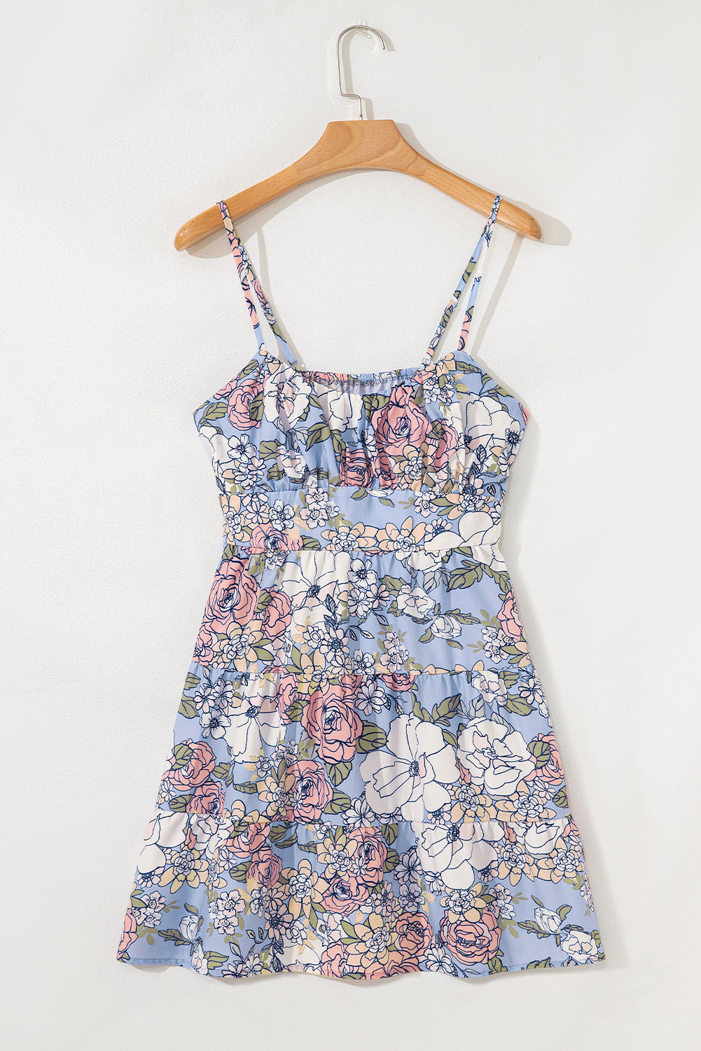 Sky Blue Floral Tiered Patchwork Spaghetti Strap Vacation Dress-TOPS / DRESSES-[Adult]-[Female]-2022 Online Blue Zone Planet
