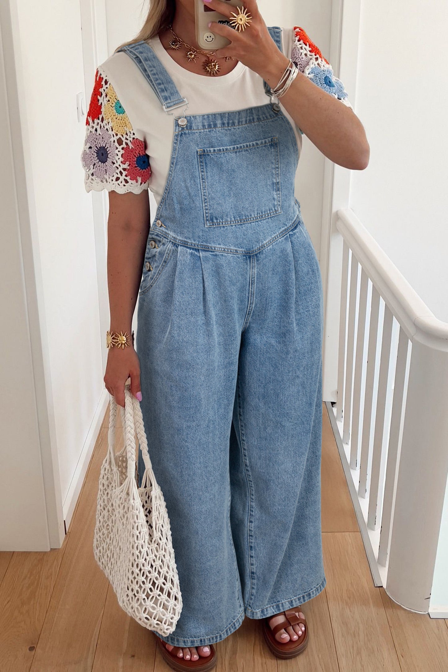Dusk Blue Pleated Wide Leg Retro Pocketed Denim Jumpsuit-Bottoms/Jumpsuits & Rompers-[Adult]-[Female]-Dusk Blue-S-2022 Online Blue Zone Planet