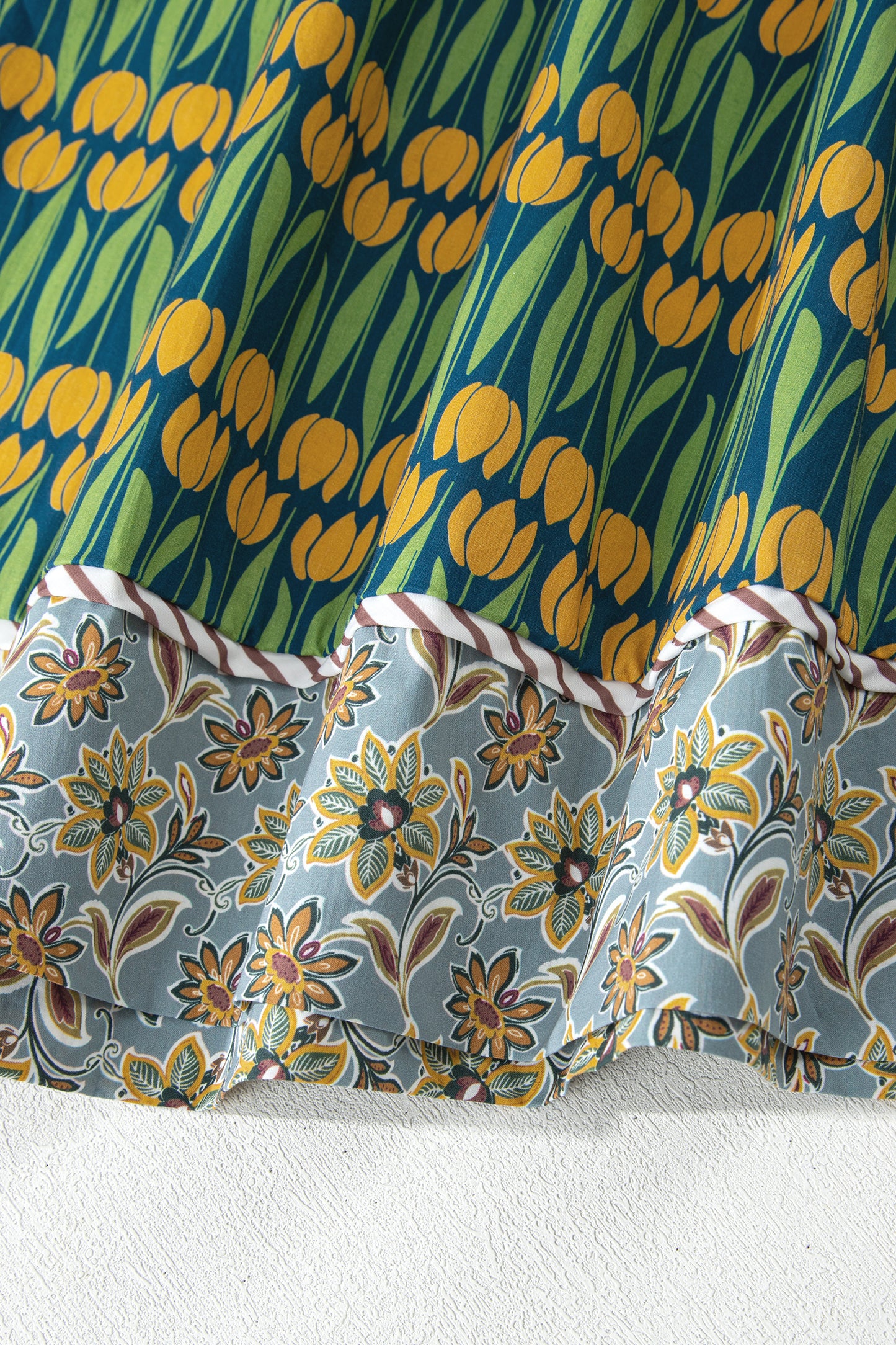 Green Plus Size Mixed Floral Print Striped Trim Loose Mini Dress-TOPS / DRESSES-[Adult]-[Female]-2022 Online Blue Zone Planet