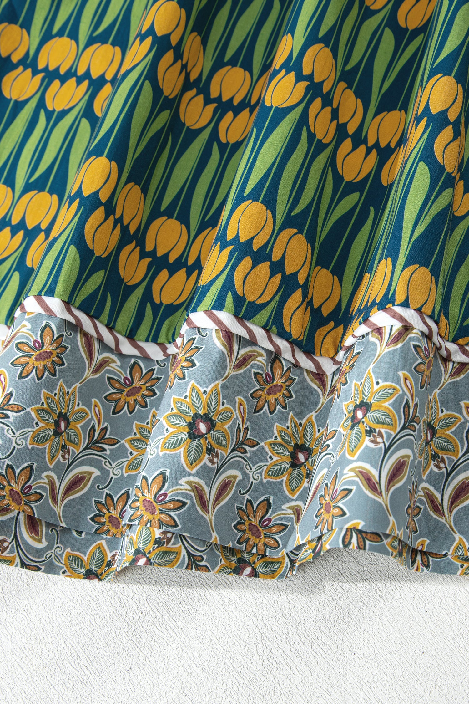 Green Plus Size Mixed Floral Print Striped Trim Loose Mini Dress-TOPS / DRESSES-[Adult]-[Female]-2022 Online Blue Zone Planet