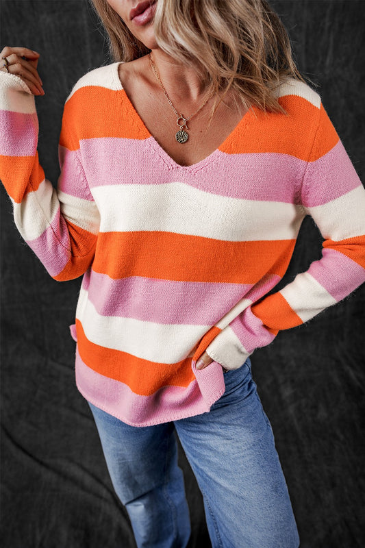 Color Block V-Neck Long Sleeve Sweater-TOPS / DRESSES-[Adult]-[Female]-Blush Pink-S-2022 Online Blue Zone Planet