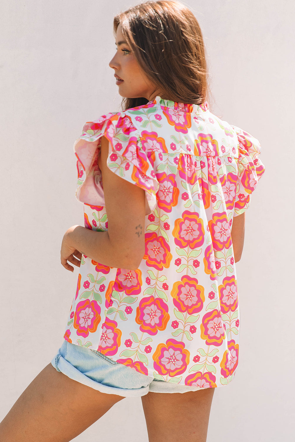 Rose Floral Ruffled Sleeve Ric-rac Trim Split Neck Loose Blouse-Tops/Blouses & Shirts-[Adult]-[Female]-2022 Online Blue Zone Planet