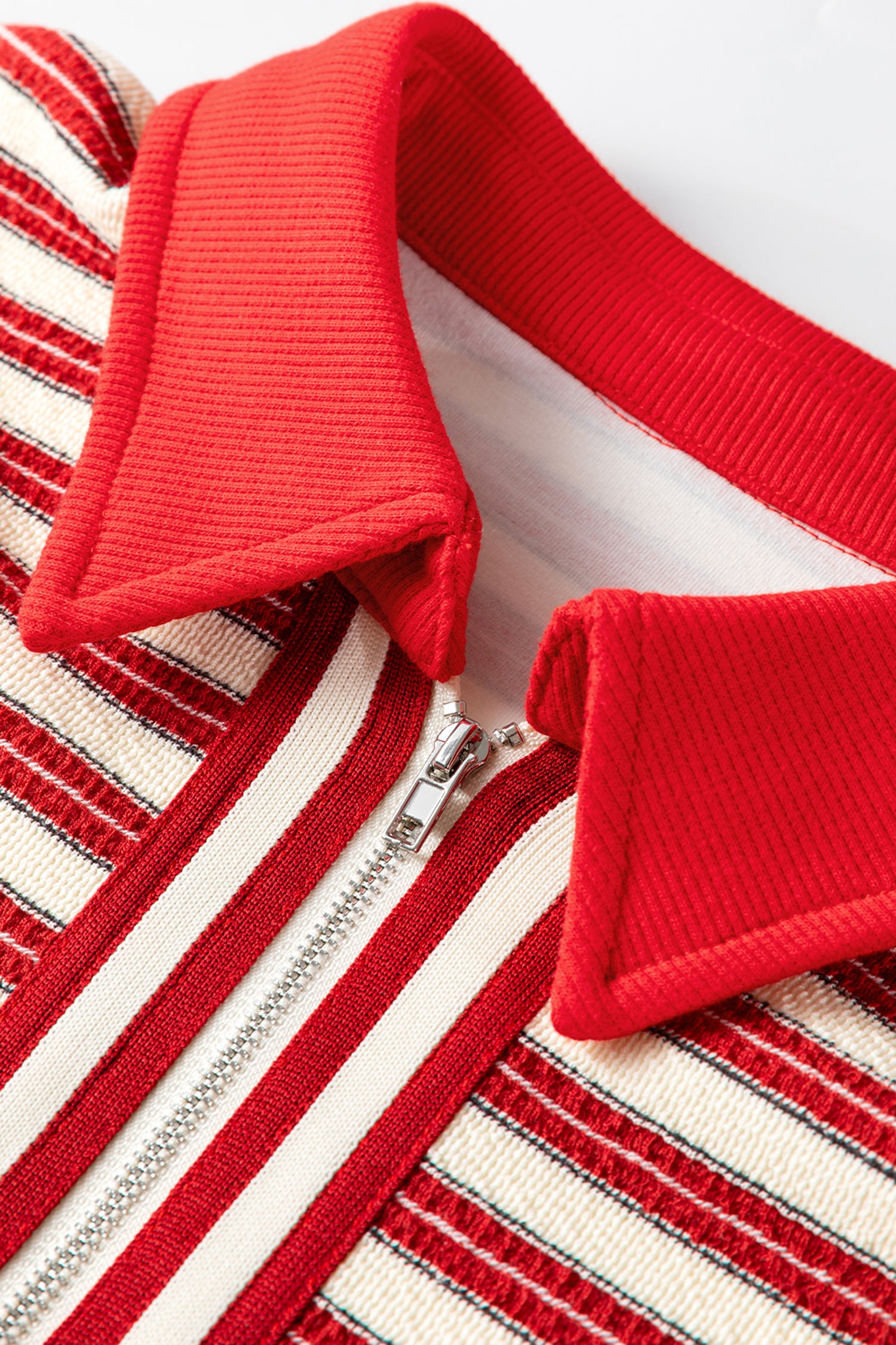 Racing Red Striped Print Contrast Collar Zip V Neck Long Sleeve Top-Tops/Long Sleeve Tops-[Adult]-[Female]-2022 Online Blue Zone Planet