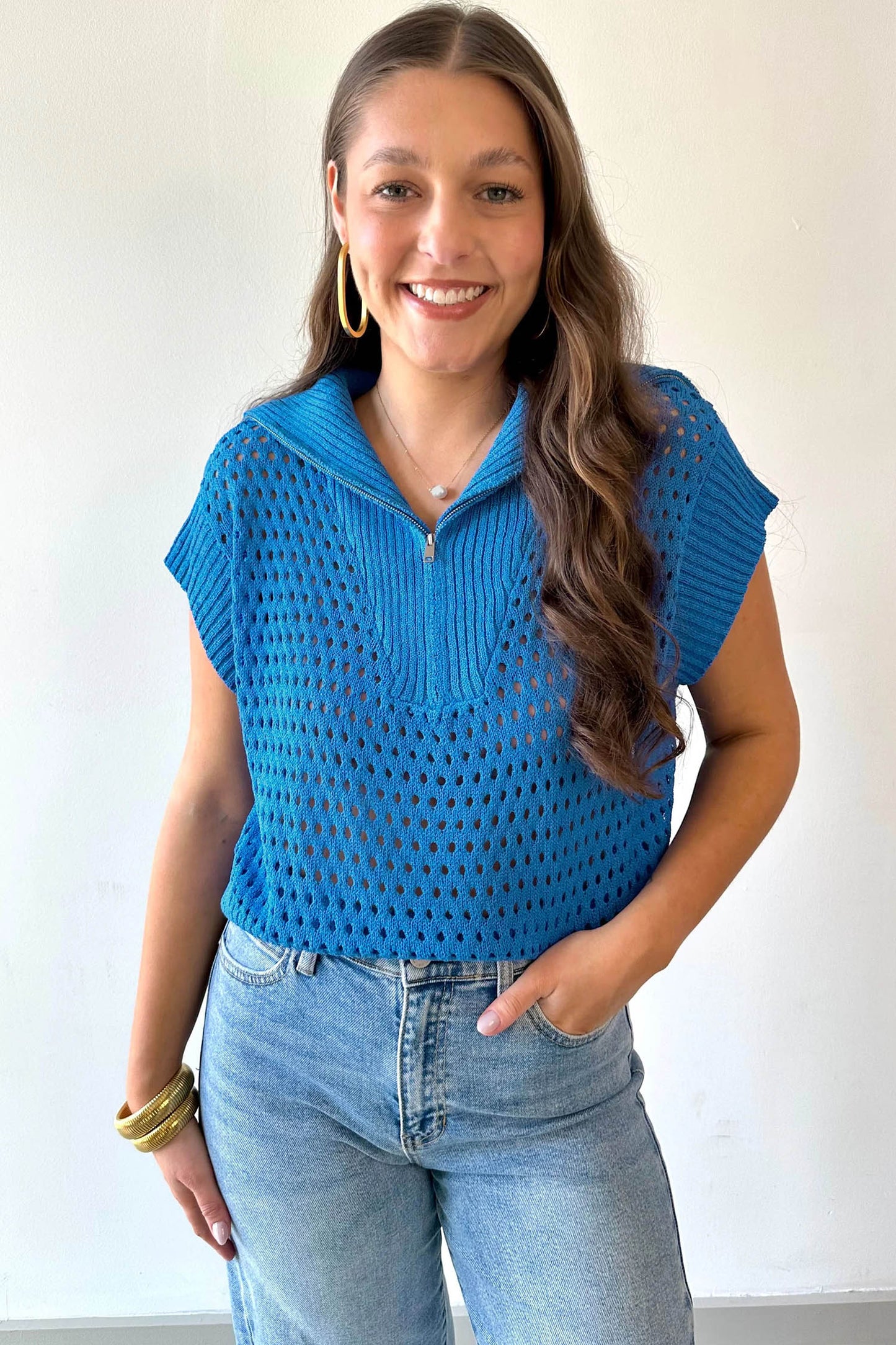 Sky Blue Solid Color Hollowed Knit Short Sleeve Zipper Collar Knitwear Top