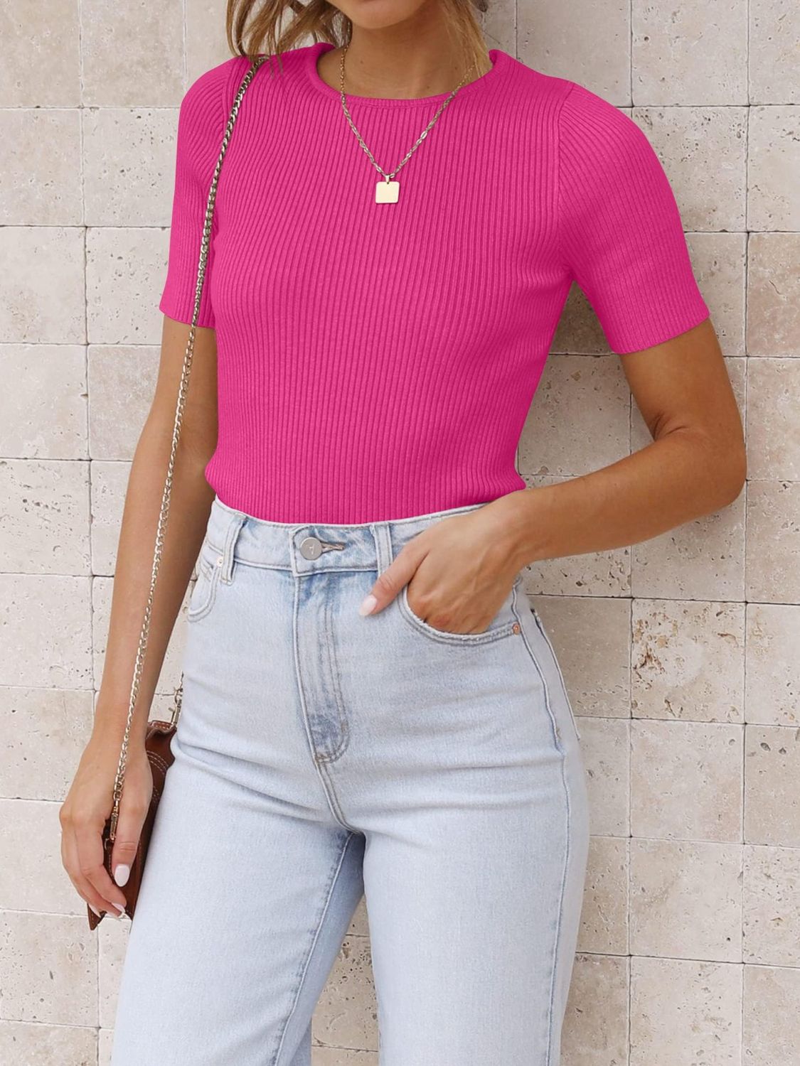 Blue Zone Planet | Mandy Ribbed Round Neck Short Sleeve Knit Top-TOPS / DRESSES-[Adult]-[Female]-Fuchsia Pink-S-2022 Online Blue Zone Planet