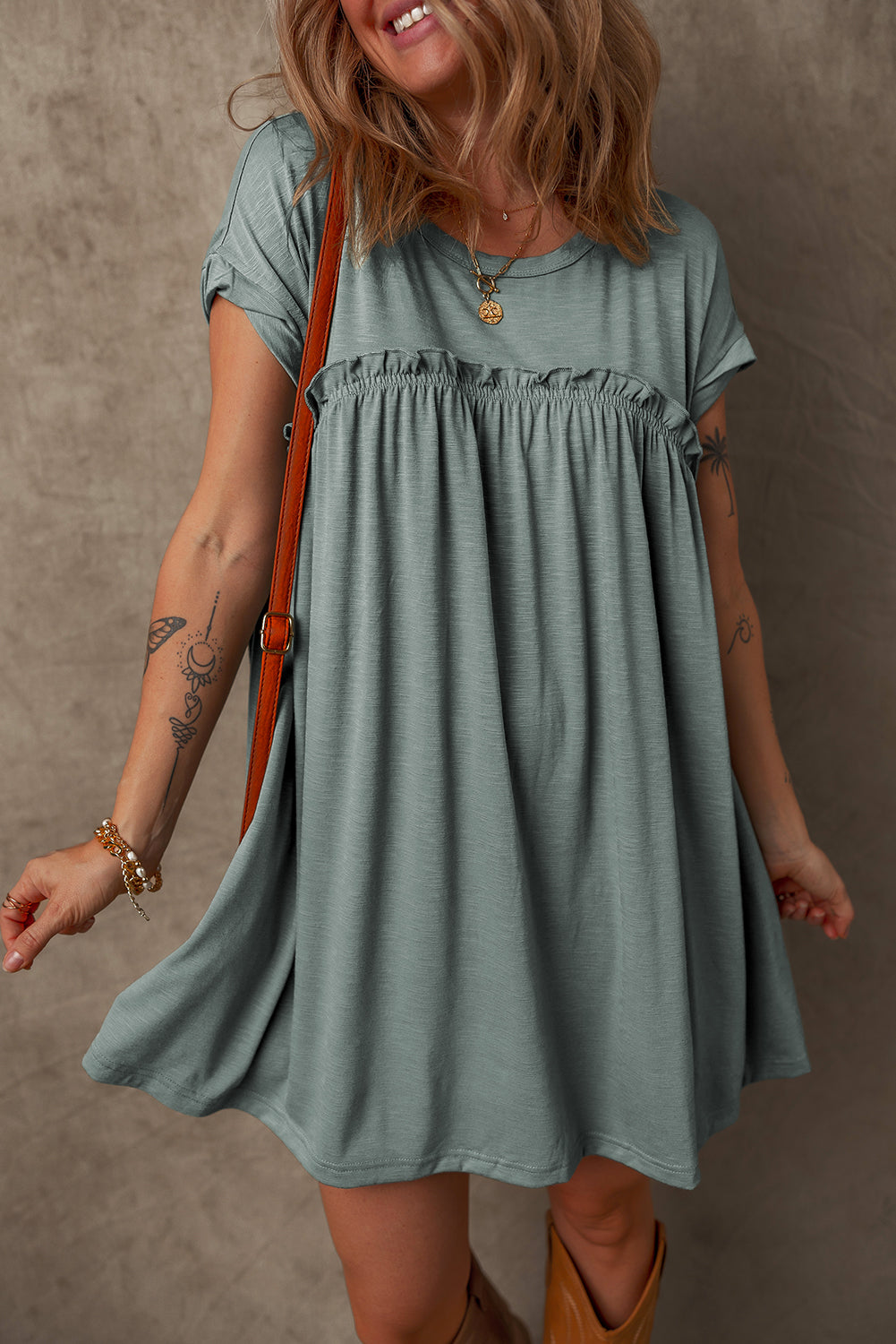 Mist Green Frilled Gathered Seam Round Neck T Shirt Dress-Dresses/T Shirt Dresses-[Adult]-[Female]-2022 Online Blue Zone Planet