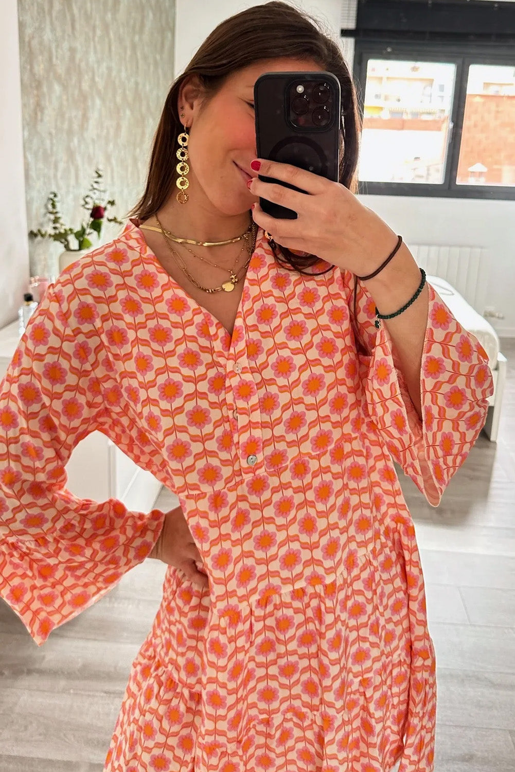 Orange Floral Print Flounce Sleeve Buttoned Front Mini Dress-Dresses/Floral Dresses-[Adult]-[Female]-2022 Online Blue Zone Planet