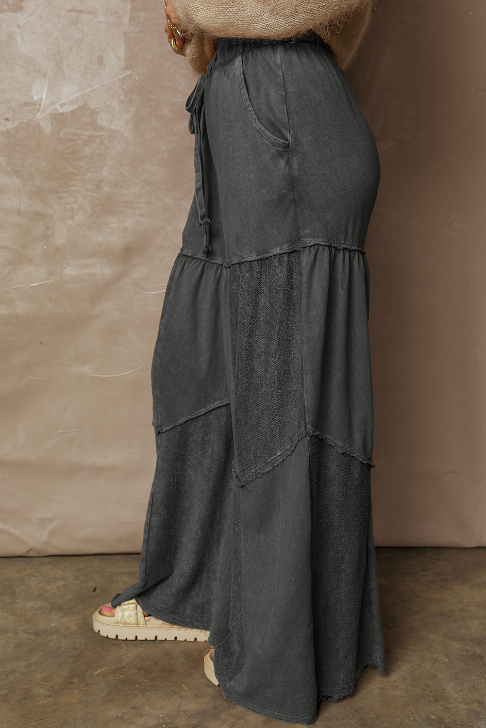 Black Mineral Wash Tiered Wide Leg Patchwork Drawstring Pants-Bottoms/Pants & Culotte-[Adult]-[Female]-2022 Online Blue Zone Planet