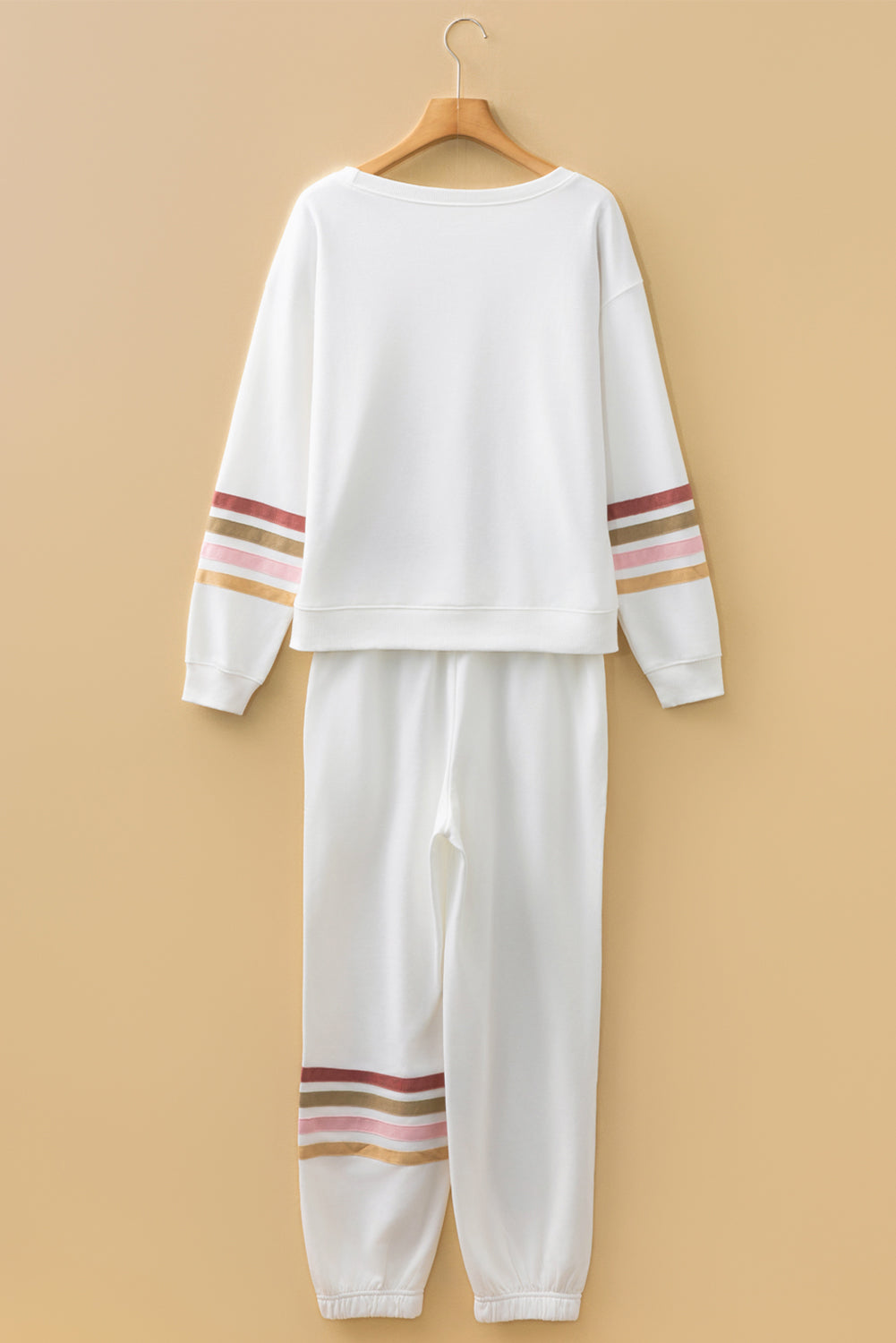 Beige Striped Drop Shoulder Round Neck Pullover and Jogger Pants Active Outfit-Two Piece Sets/Pant Sets-[Adult]-[Female]-2022 Online Blue Zone Planet