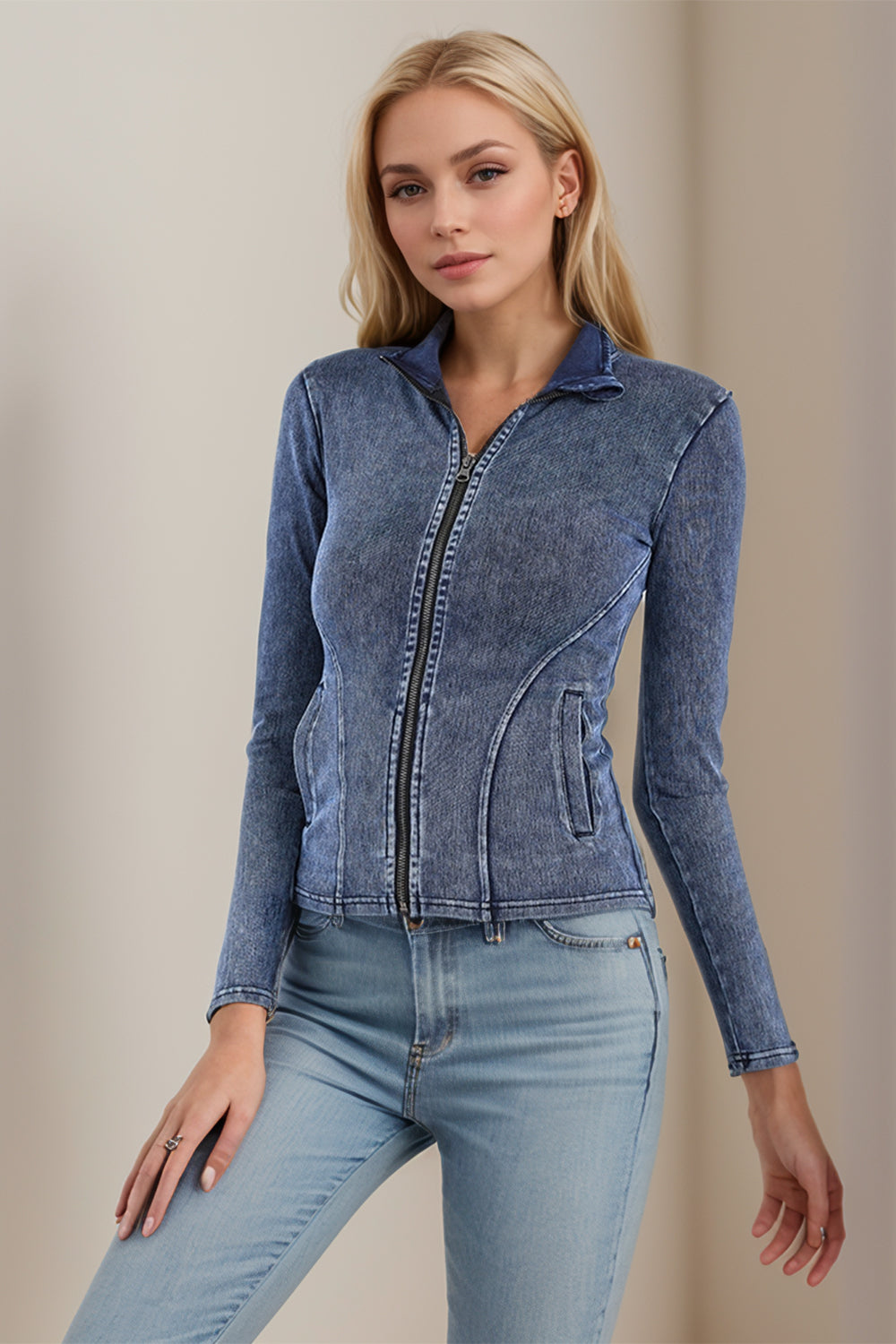 Basic Bae Pocketed Turtleneck Zip Up Denim Top-TOPS / DRESSES-[Adult]-[Female]-2022 Online Blue Zone Planet